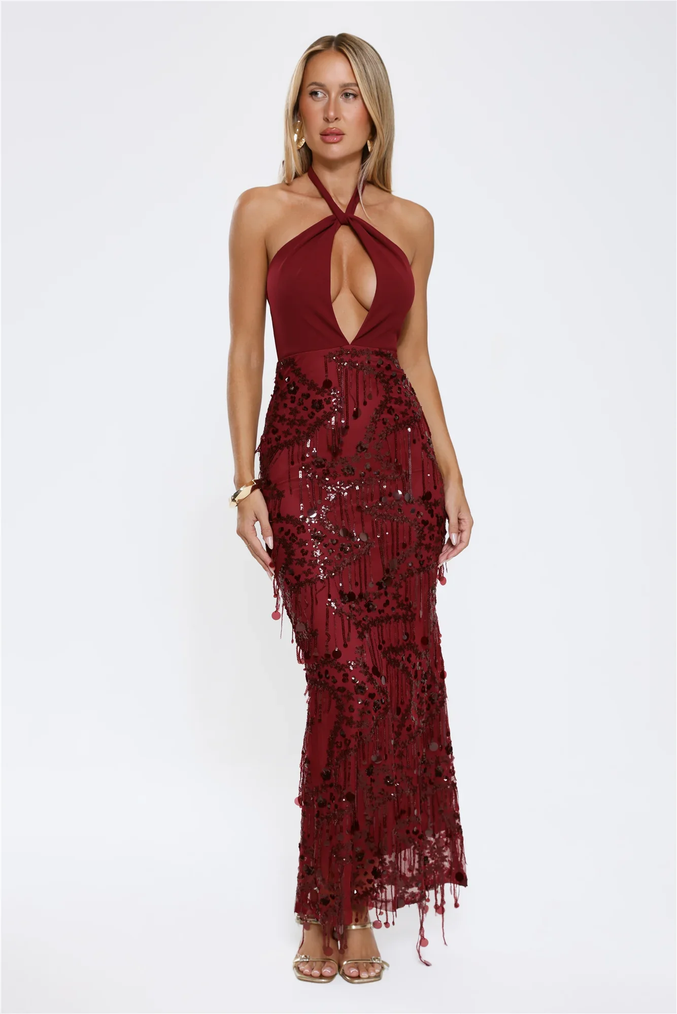 Spin For Me Sequin Halter Maxi Dress Burgundy