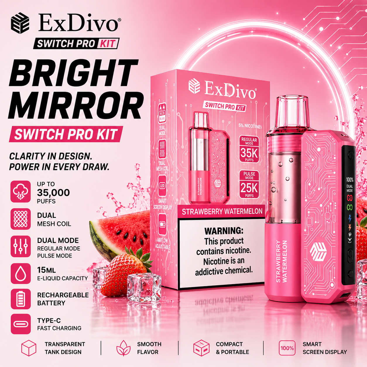 STRAWBERRY WATERMELON - ExDivo BRIGHT MIRROR 35K Replaceable VAPE KIT