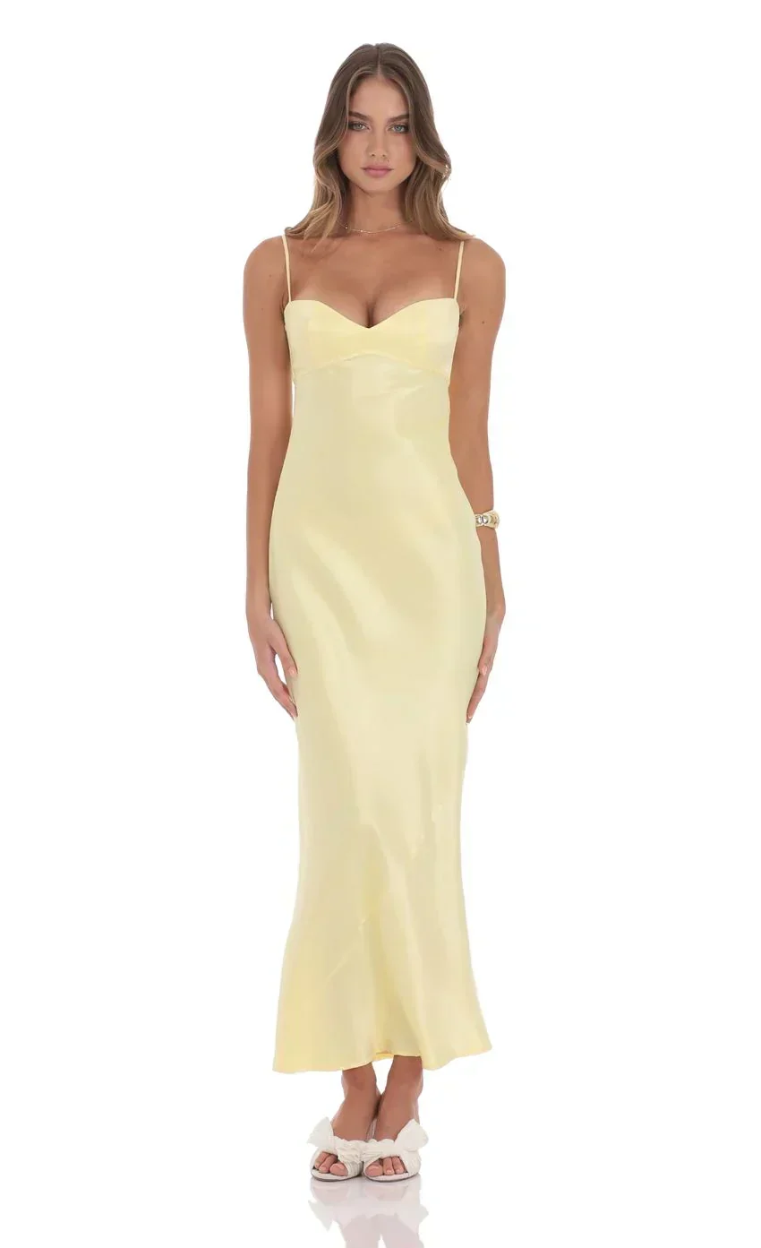 Satin Back Tie Maxi Dress in Yellow