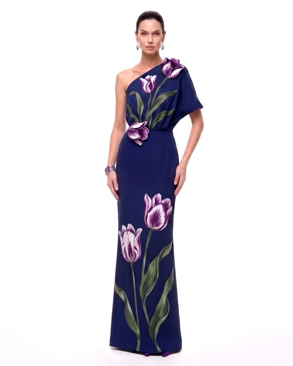 Tulip Floral One-Shoulder Column Maxi Dress - Navy