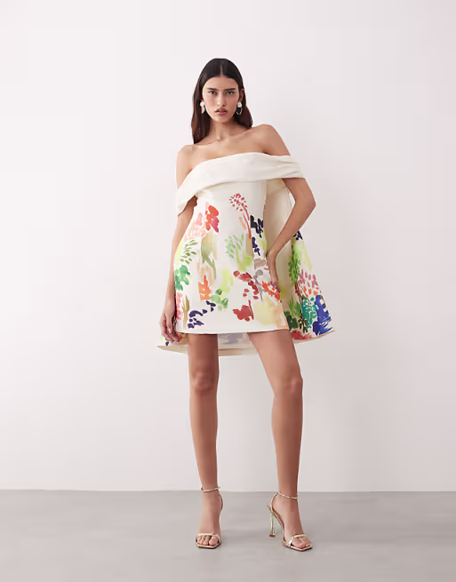 ARRANGE bardot mini dress with cape detail in abstract painterly print