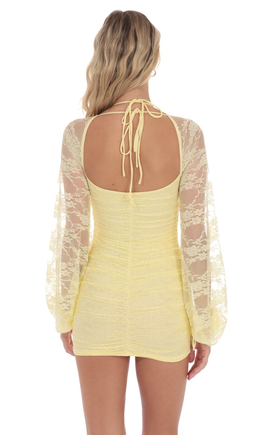 Lace Ruched Long Sleeve Dress in Yellow