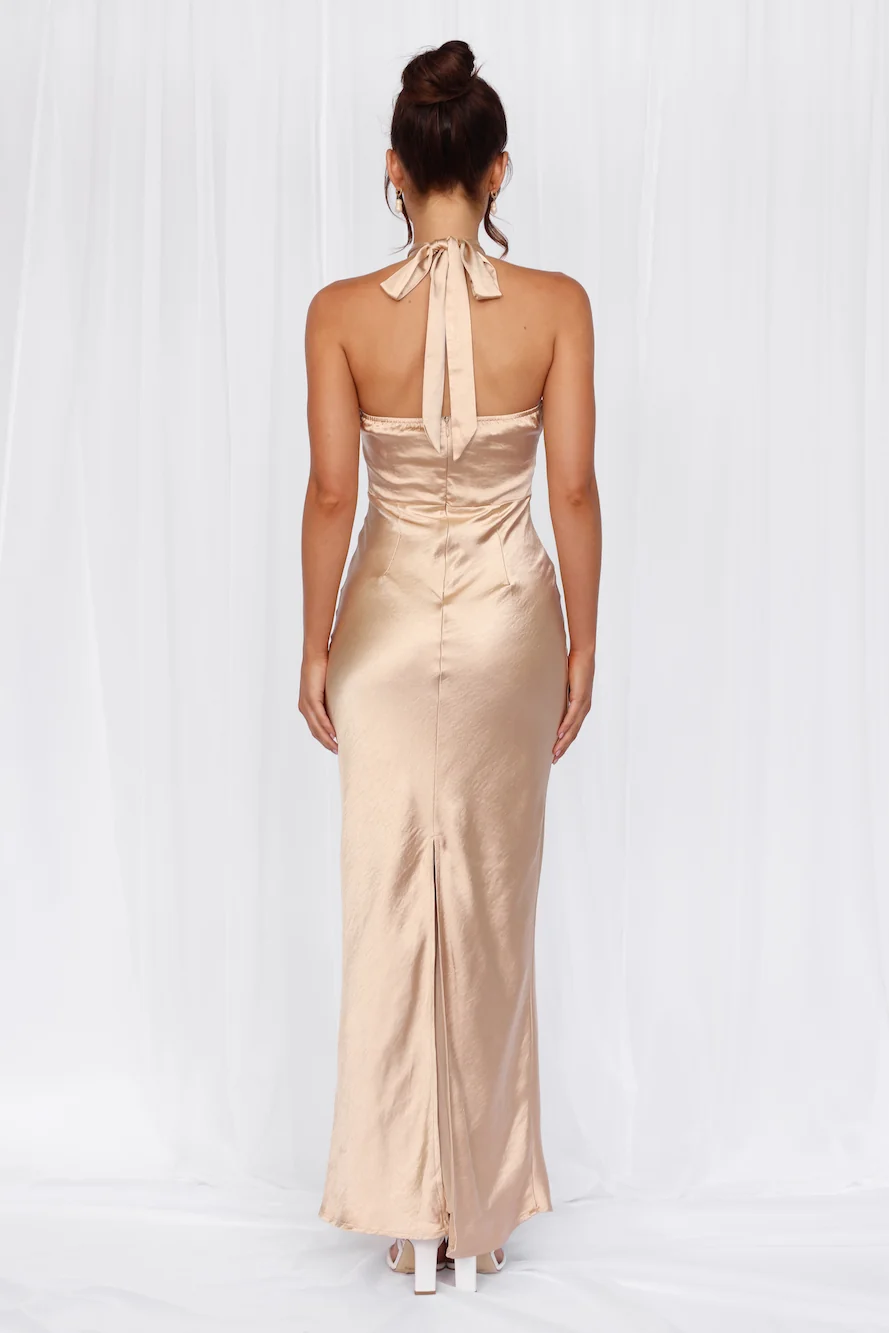 The Cleo Halter Satin Maxi Dress Champagne