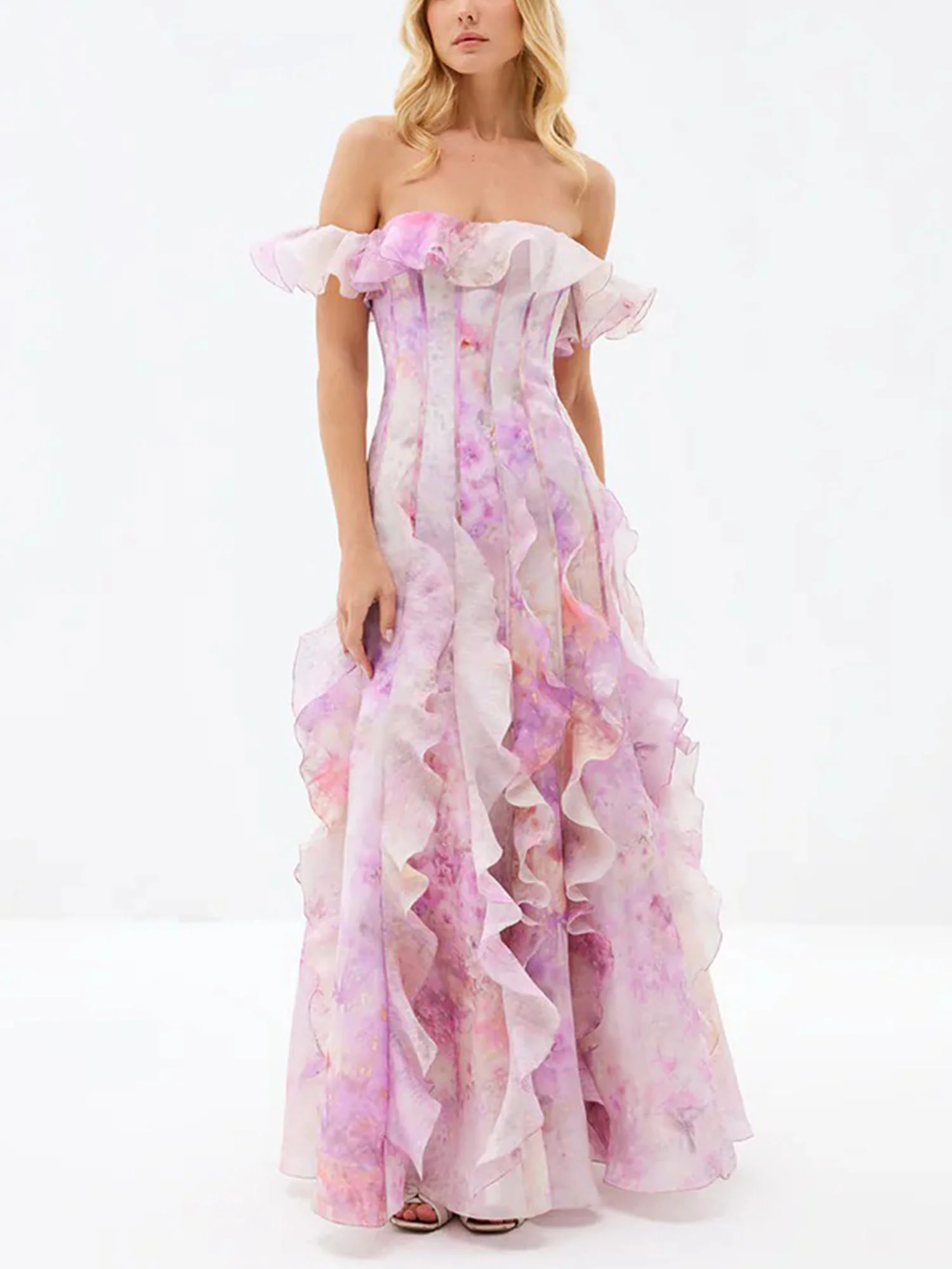 Lavender Off-Shoulder Ruffle Maxi Dress