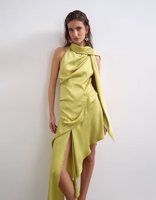 Topshop premium halter neck asymmetric satin mini dress with scarf detail in golden olive