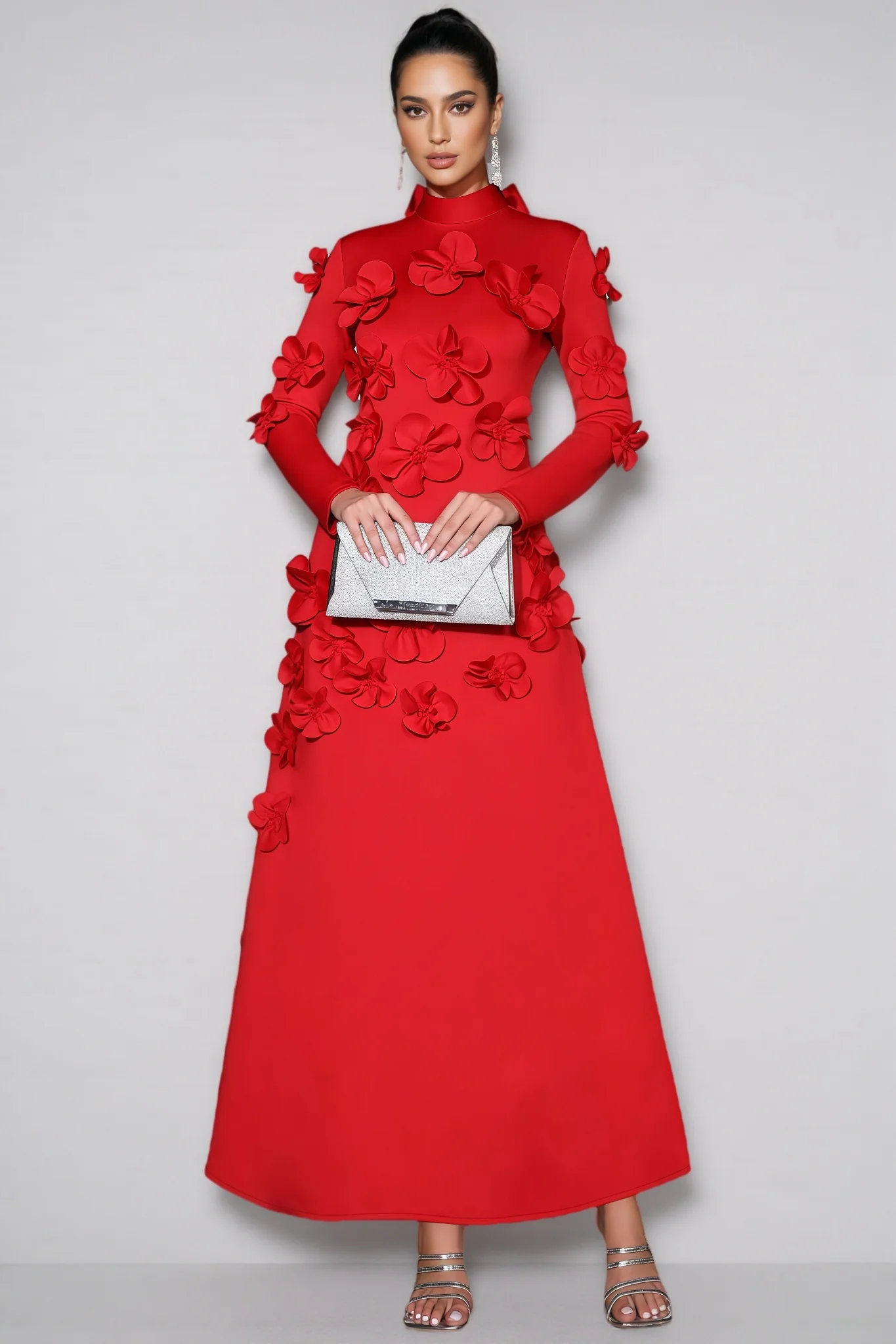 Yamaly Red 3D Floral Maxi Dress