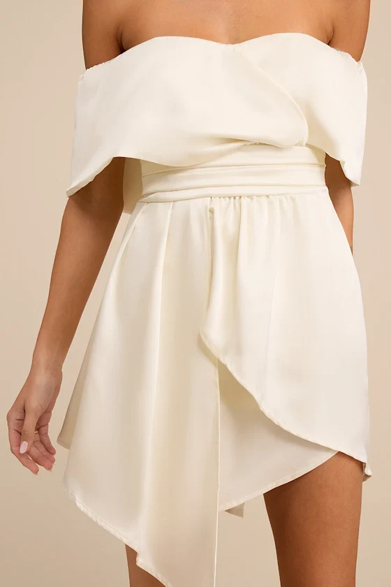 Always Celebrating Ivory Satin Off-the-Shoulder Mini Dress