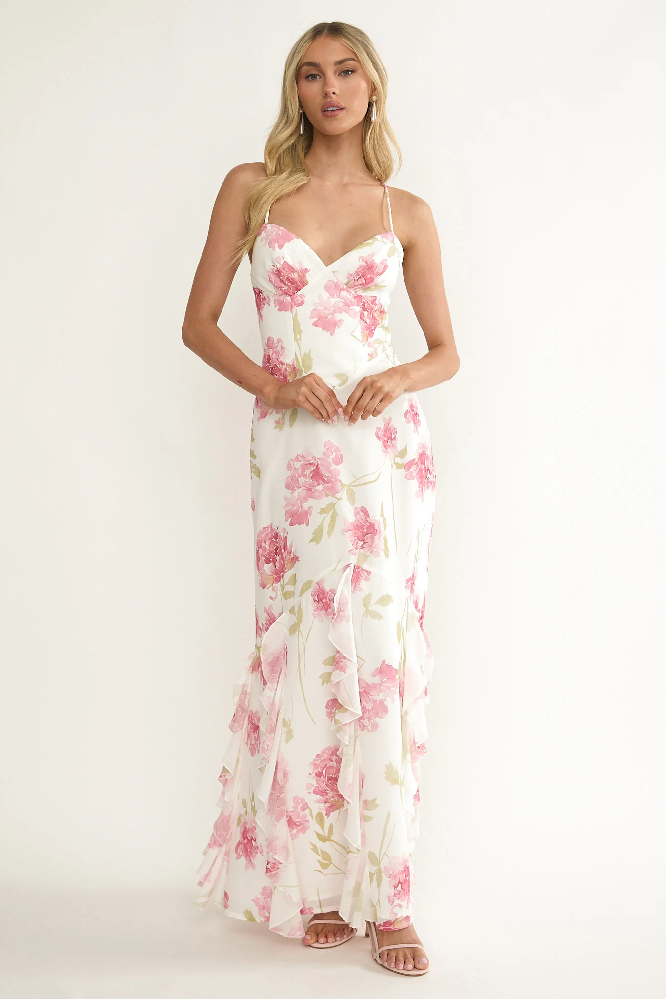 Charlisa Strappy Back Ruffle Maxi Dress Flowers White