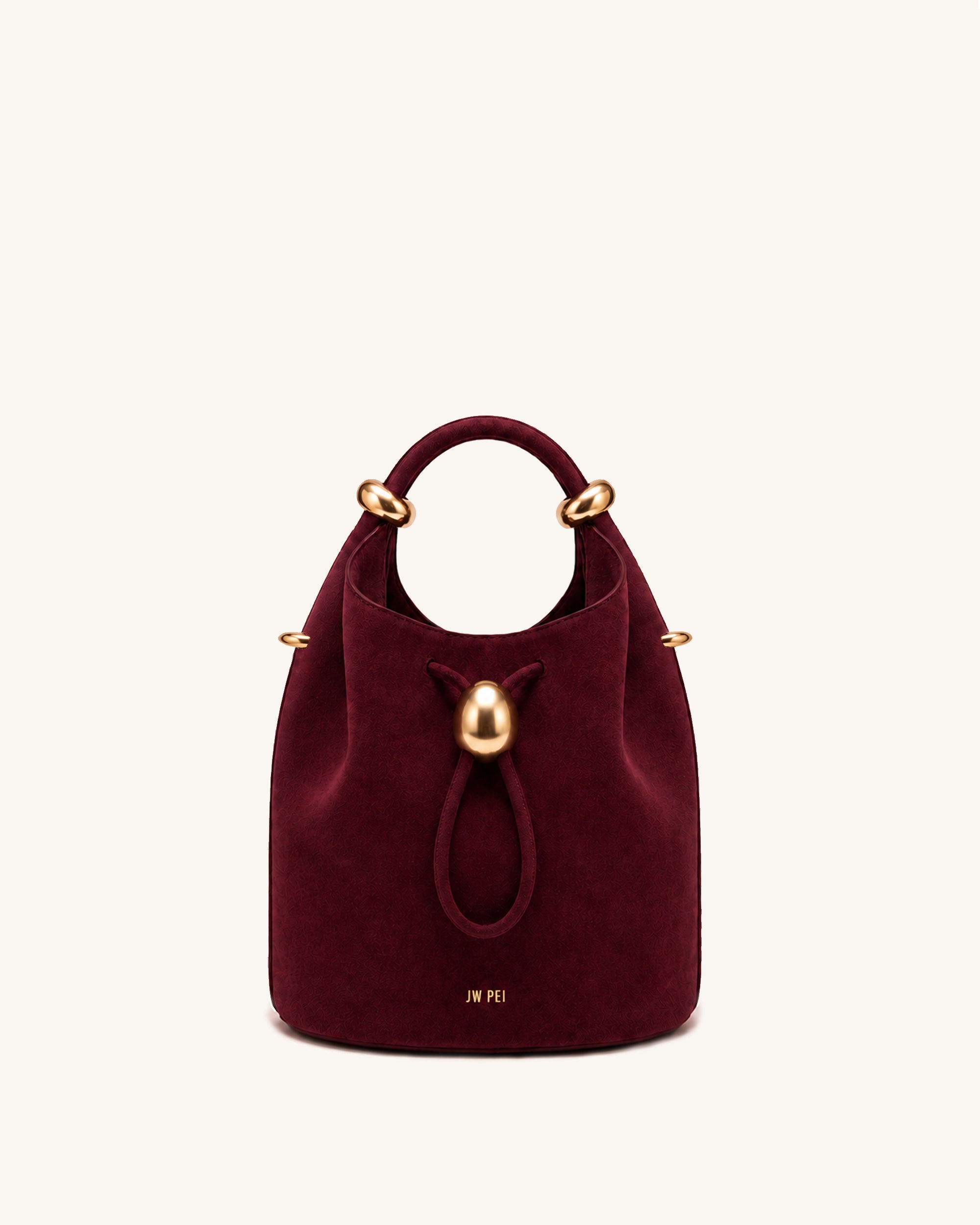 Ellie Faux Suede Metal Ring Drawstring Bucket Bag - Burgundy