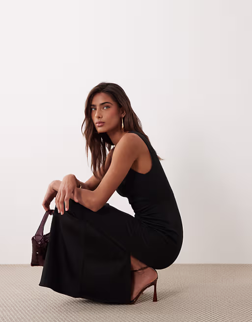 super scoop cami sculpted maxi dress in black scuba-style fabric