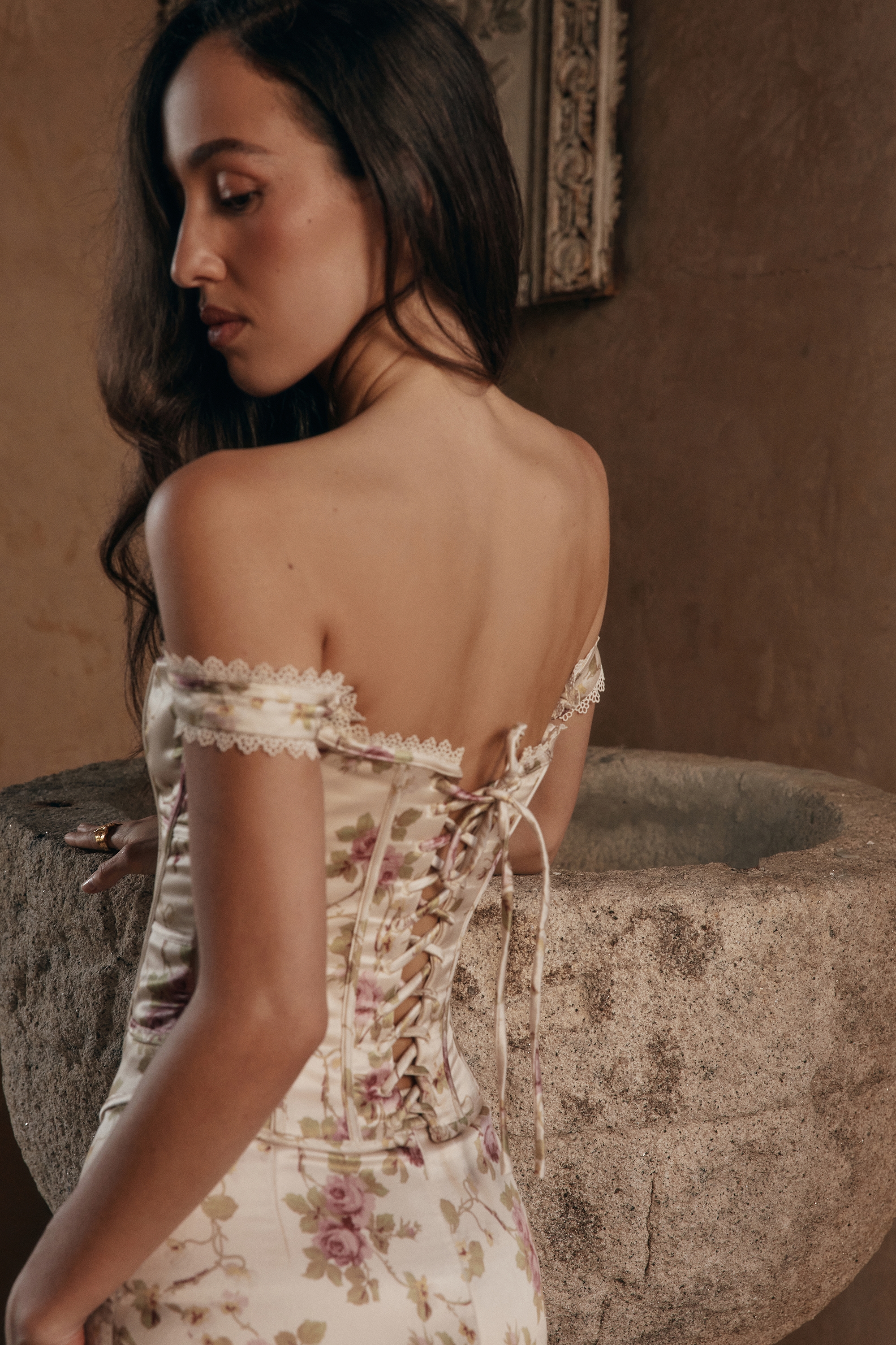 vintage cream floral print corset maxi dress