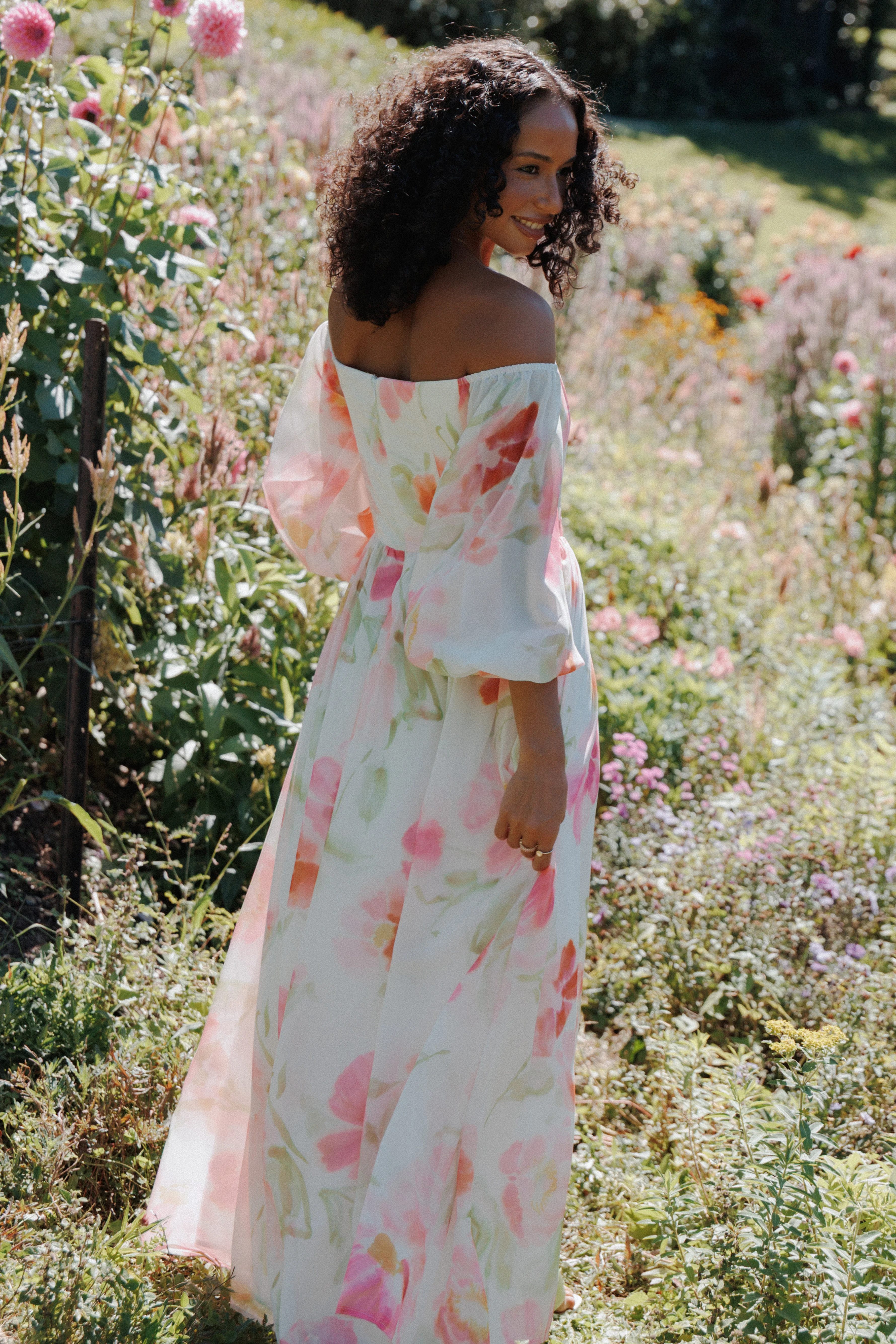 Chantel Off Shoulder Maxi Dress - Pink Garden Floral