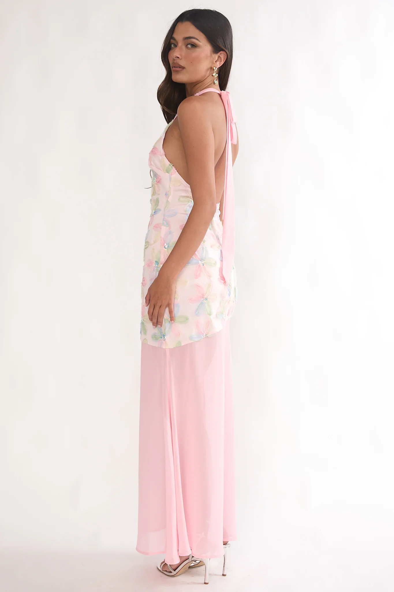 Arles Halterneck Sequin Embellished Maxi Dress Pink