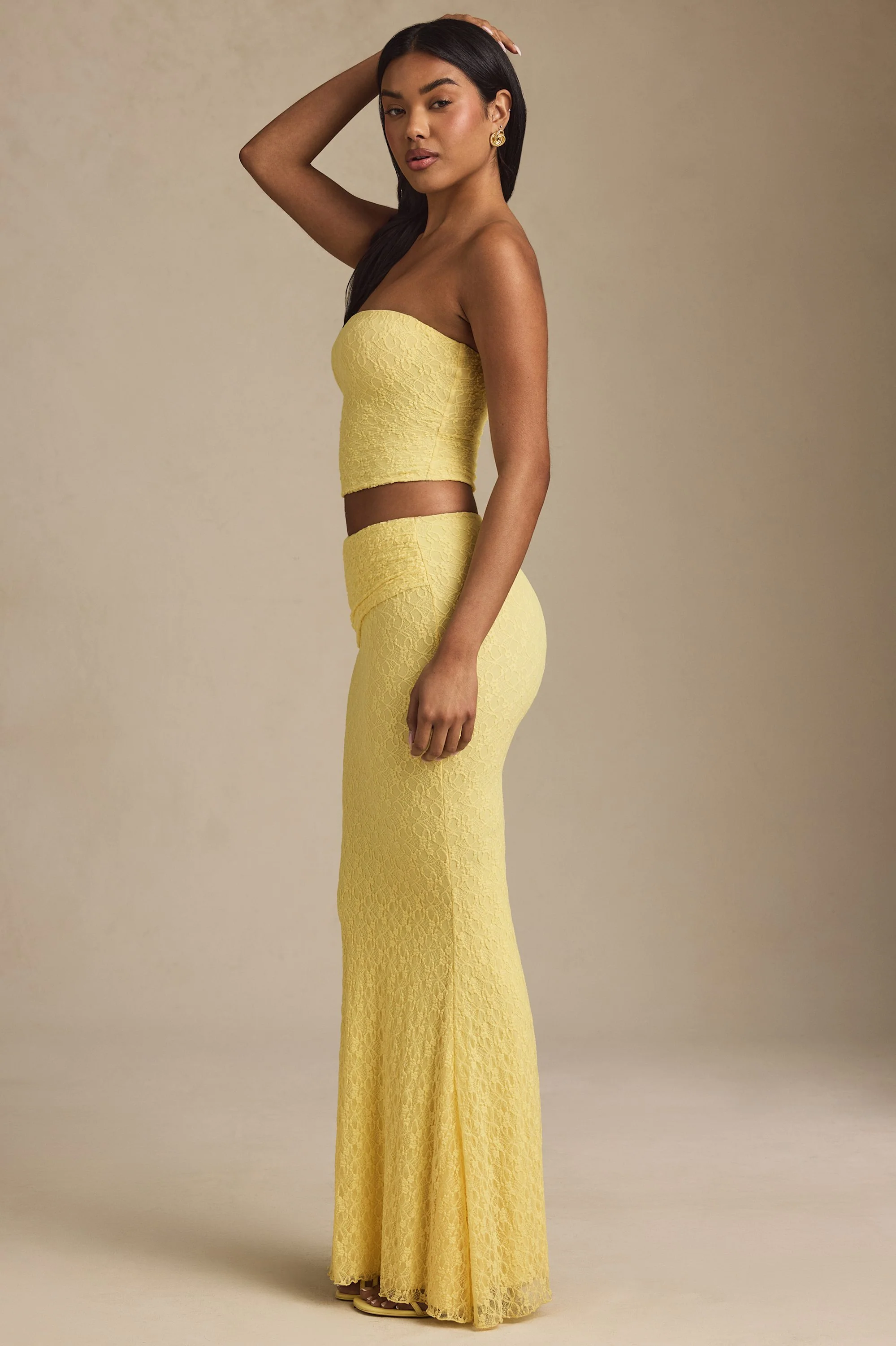 Draped Low-Rise Lace Maxi Skirt in Pastel Yellow