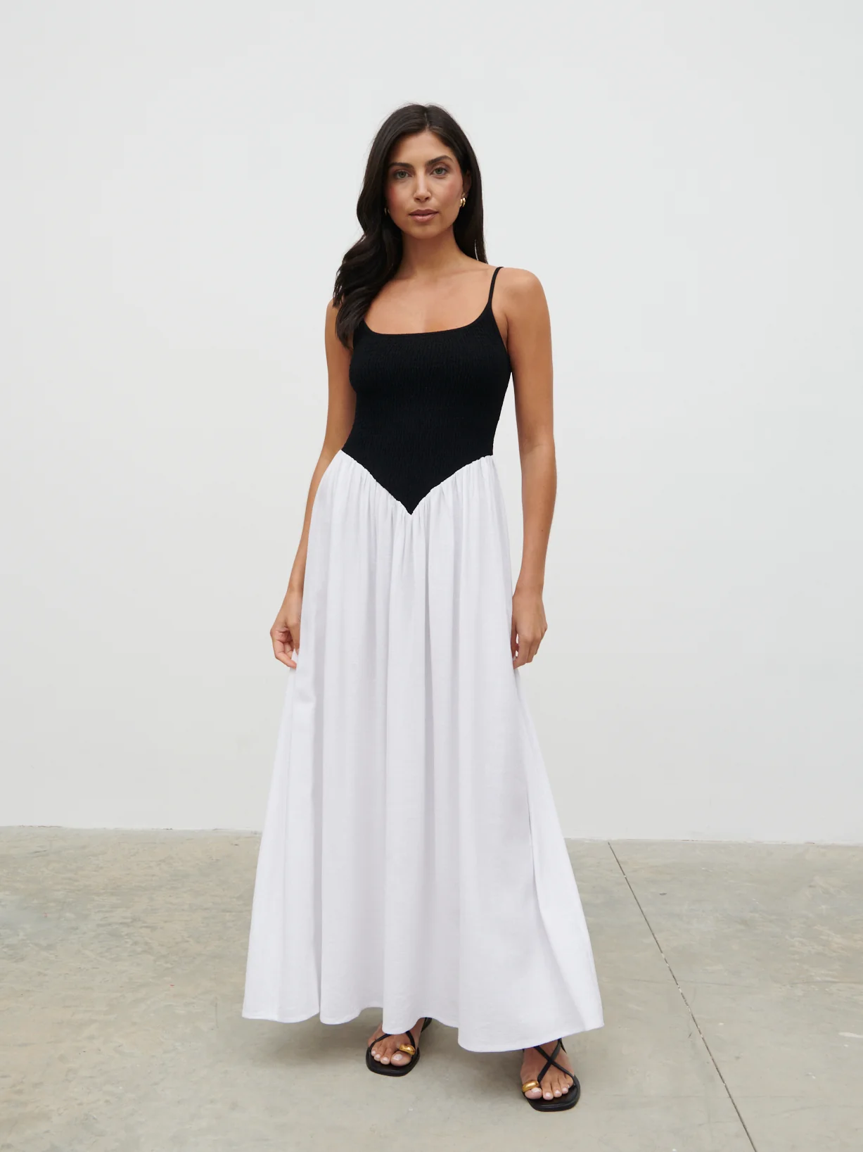 Maude Shirred Contrast Maxi Dress - Black and Cream