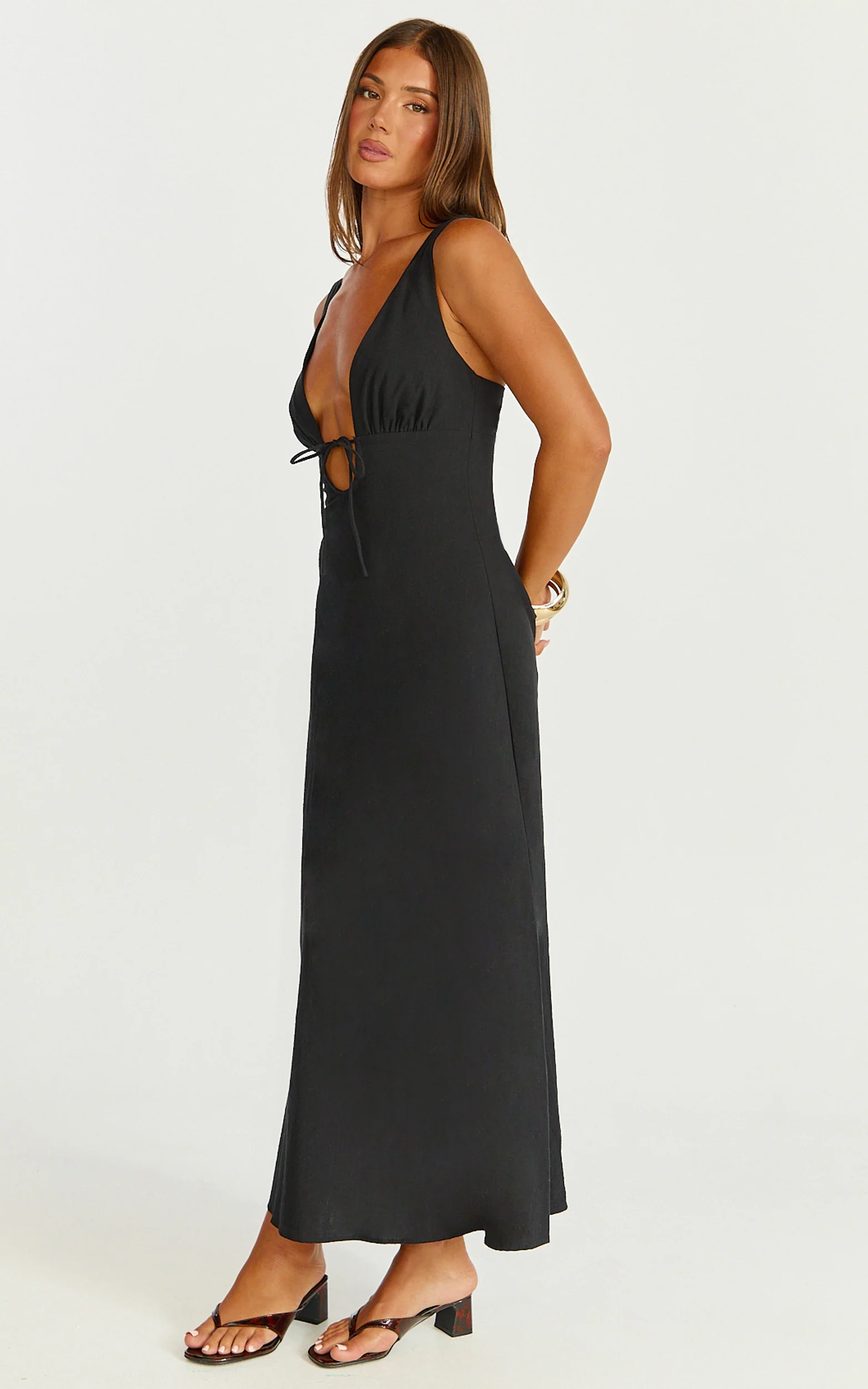 Silvena Midi Dress - Plunge Neckline Tie Front A Line Dress in Black