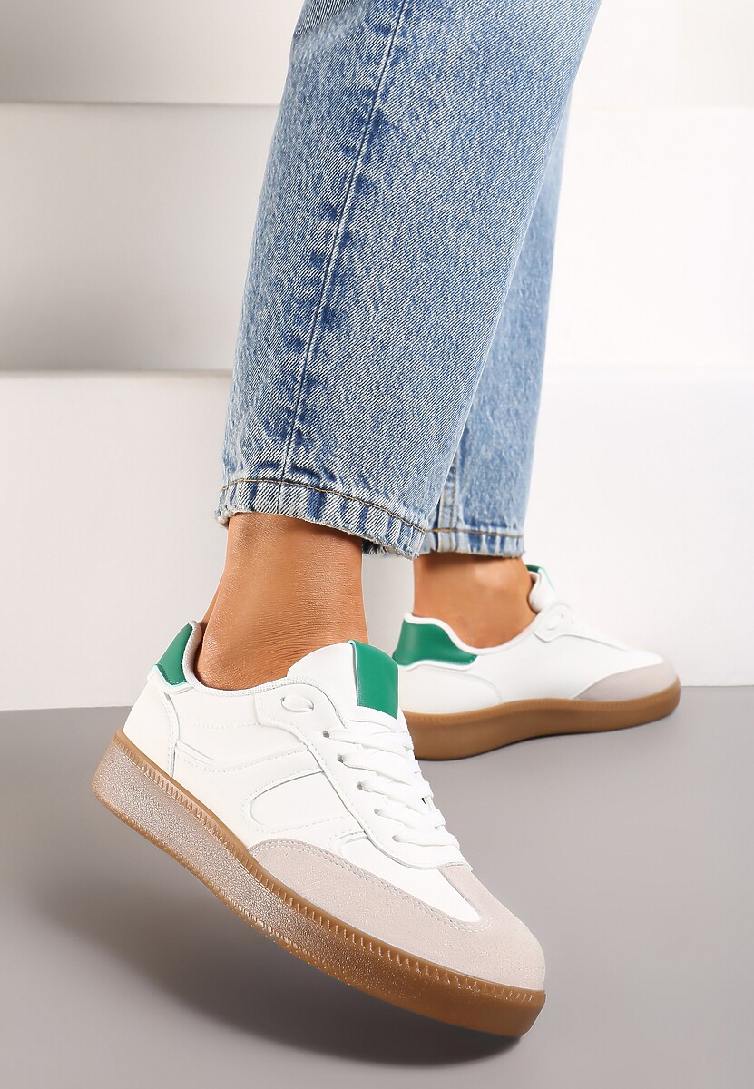 Biało-Zielone Sneakersy w Stylu Kultowych Tenisówek z Kauczukową Podeszwą Poseiama