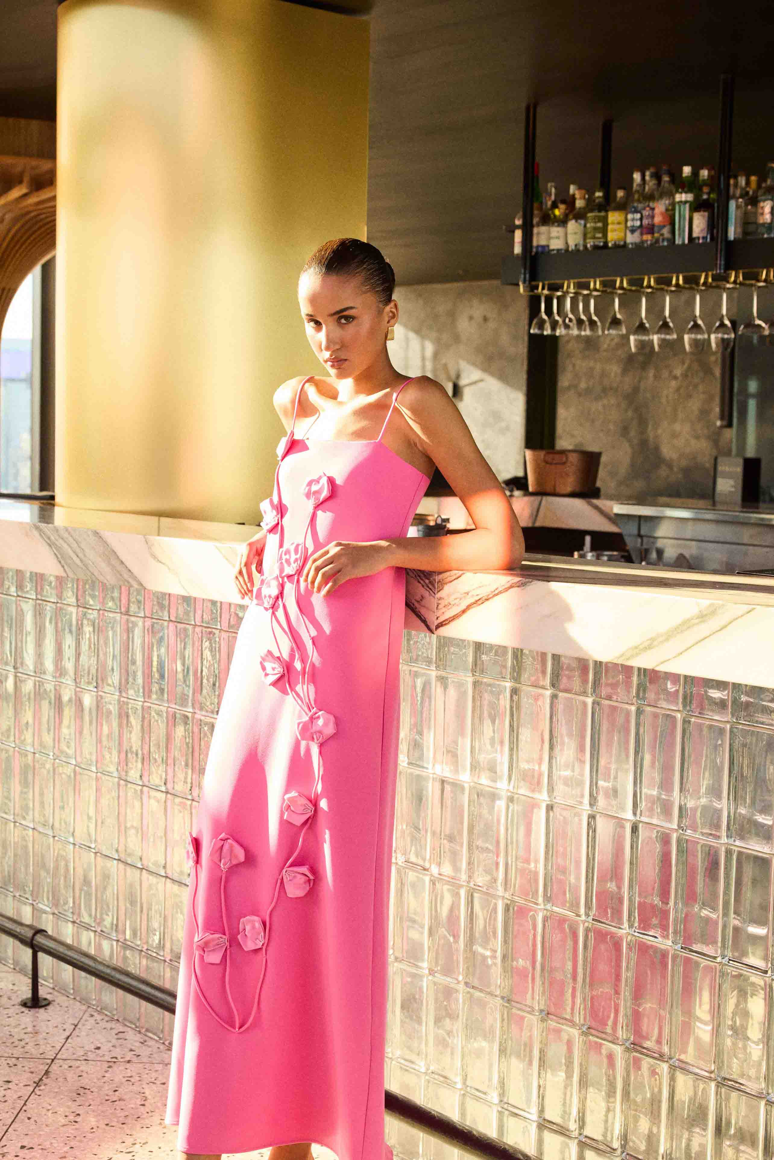 Nolana Floral Applique Gown in Pink