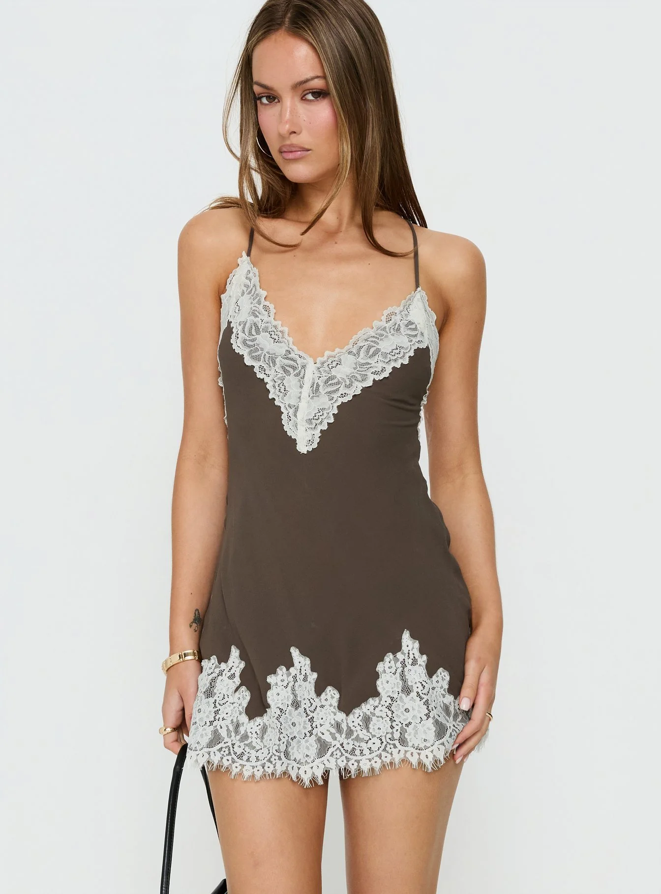 Call My Lover Lace Slip Mini Dress Brown / Cream