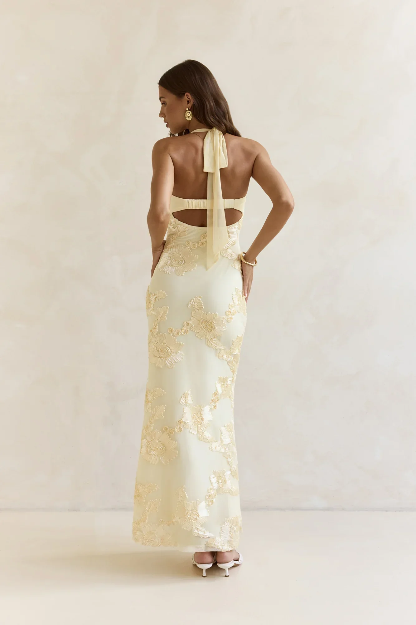 Skybloom Mesh Halter Maxi Dress Yellow