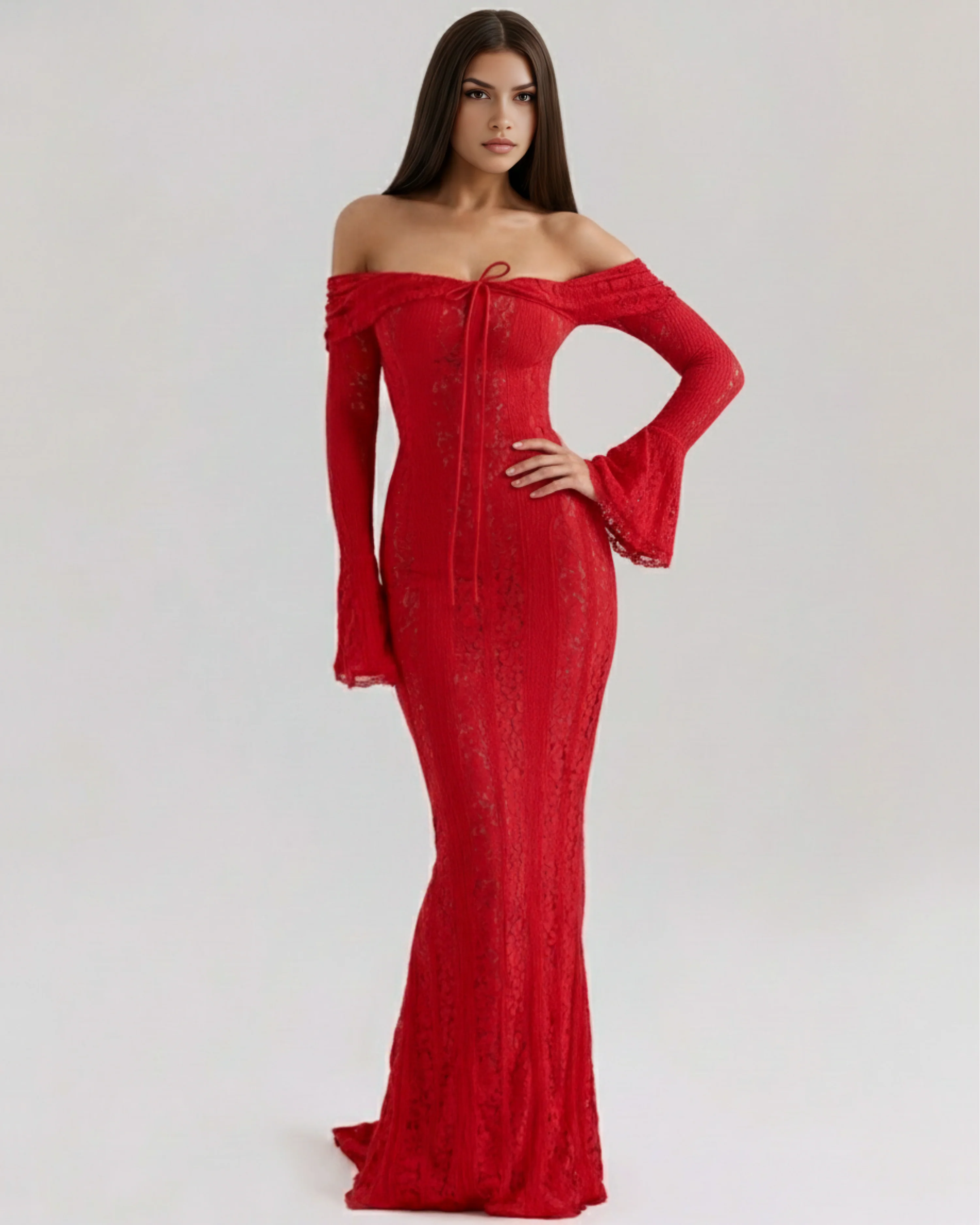 Red Lace Maxi Dress with Off-Shoulder Neckline & Sweeping Godet
