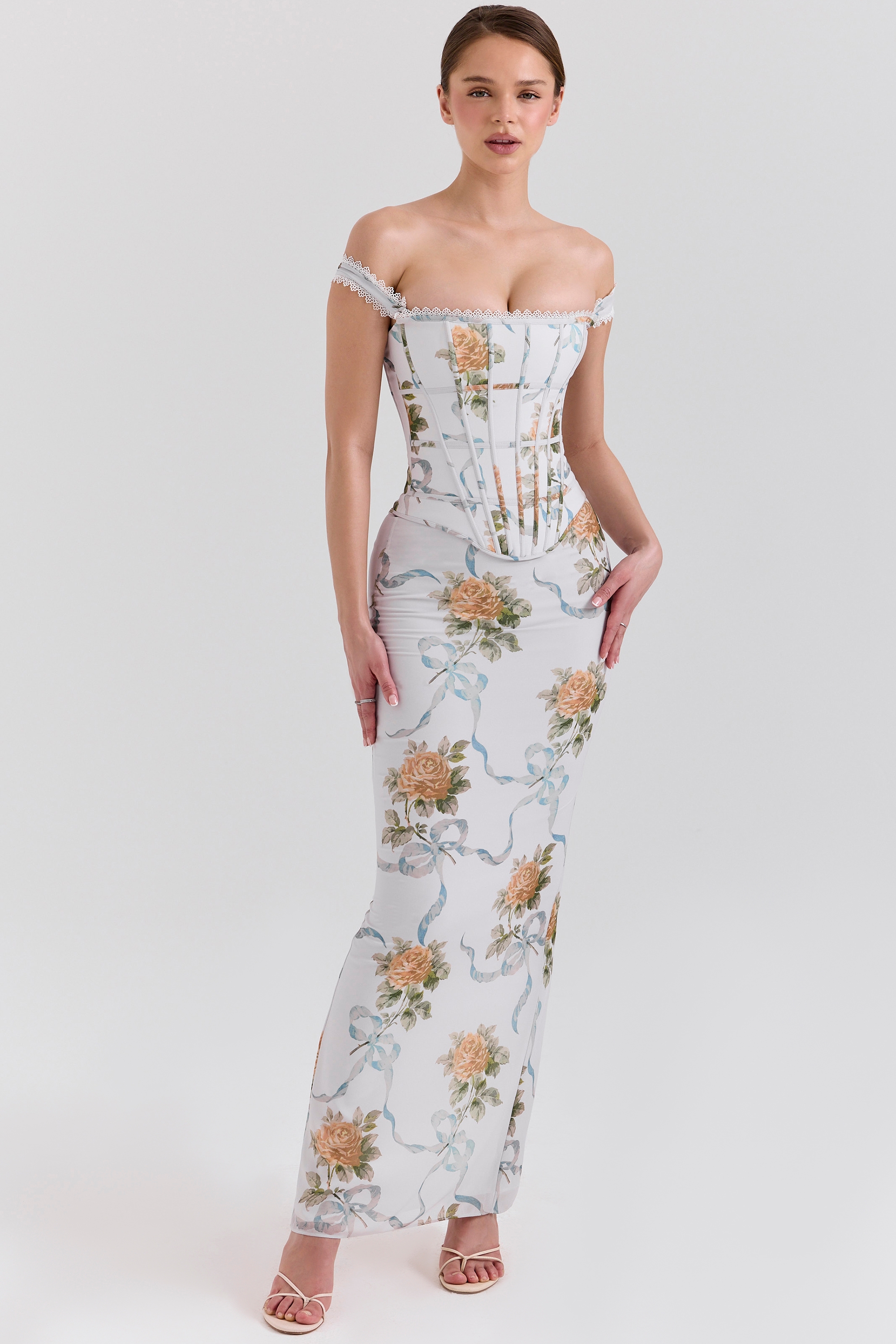 soft blue vintage print corset maxi dress