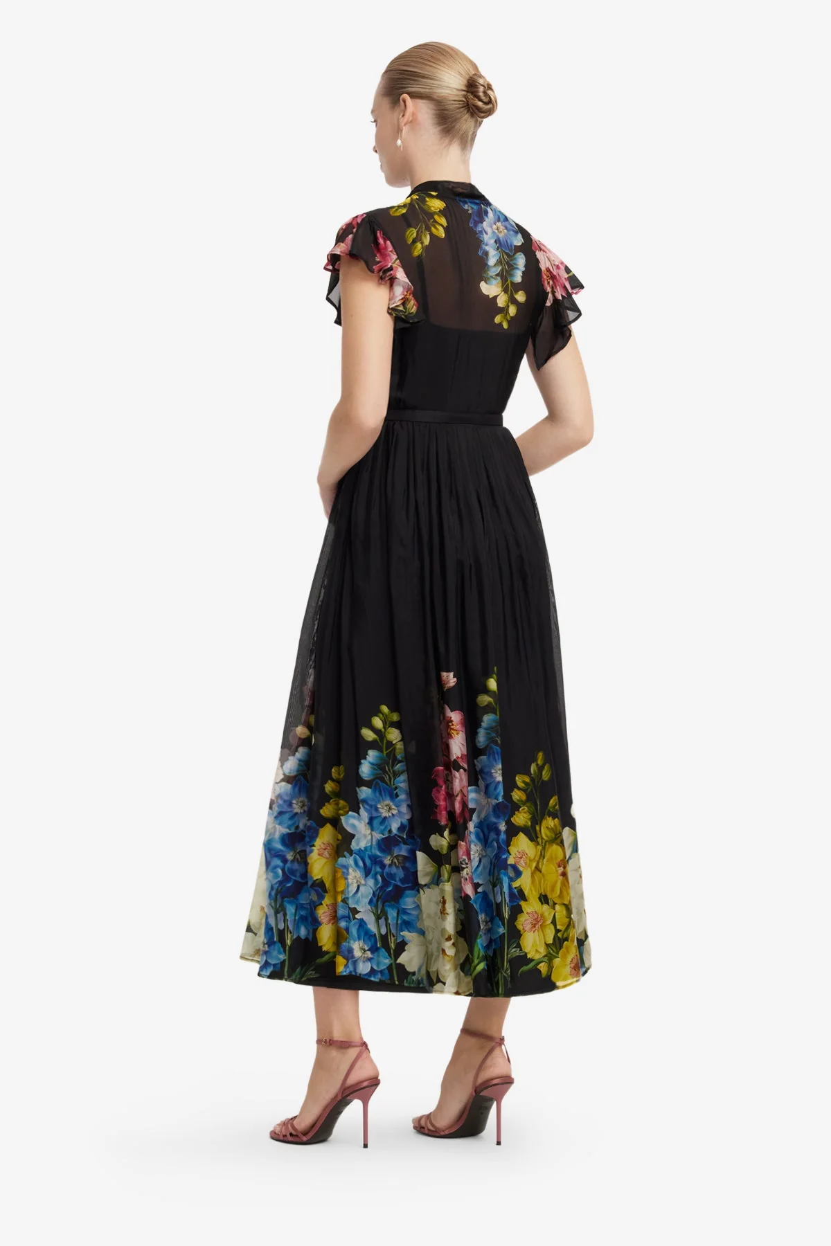 Grace Flutter Sleeve Midi Dress - Snapdragon Print in Ebony