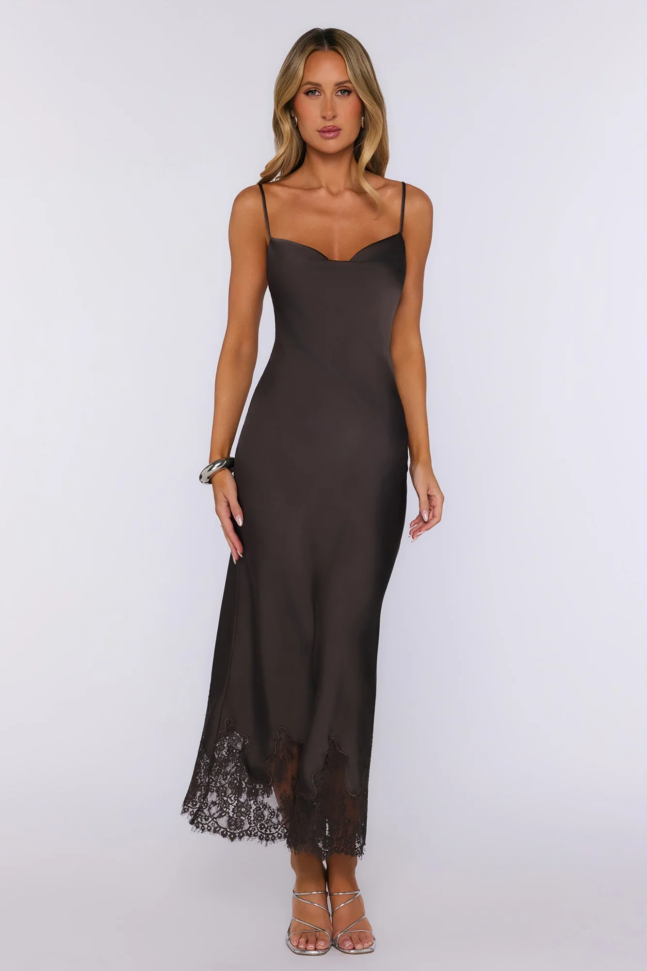 Pretty In Charge Satin Maxi Dress Brown