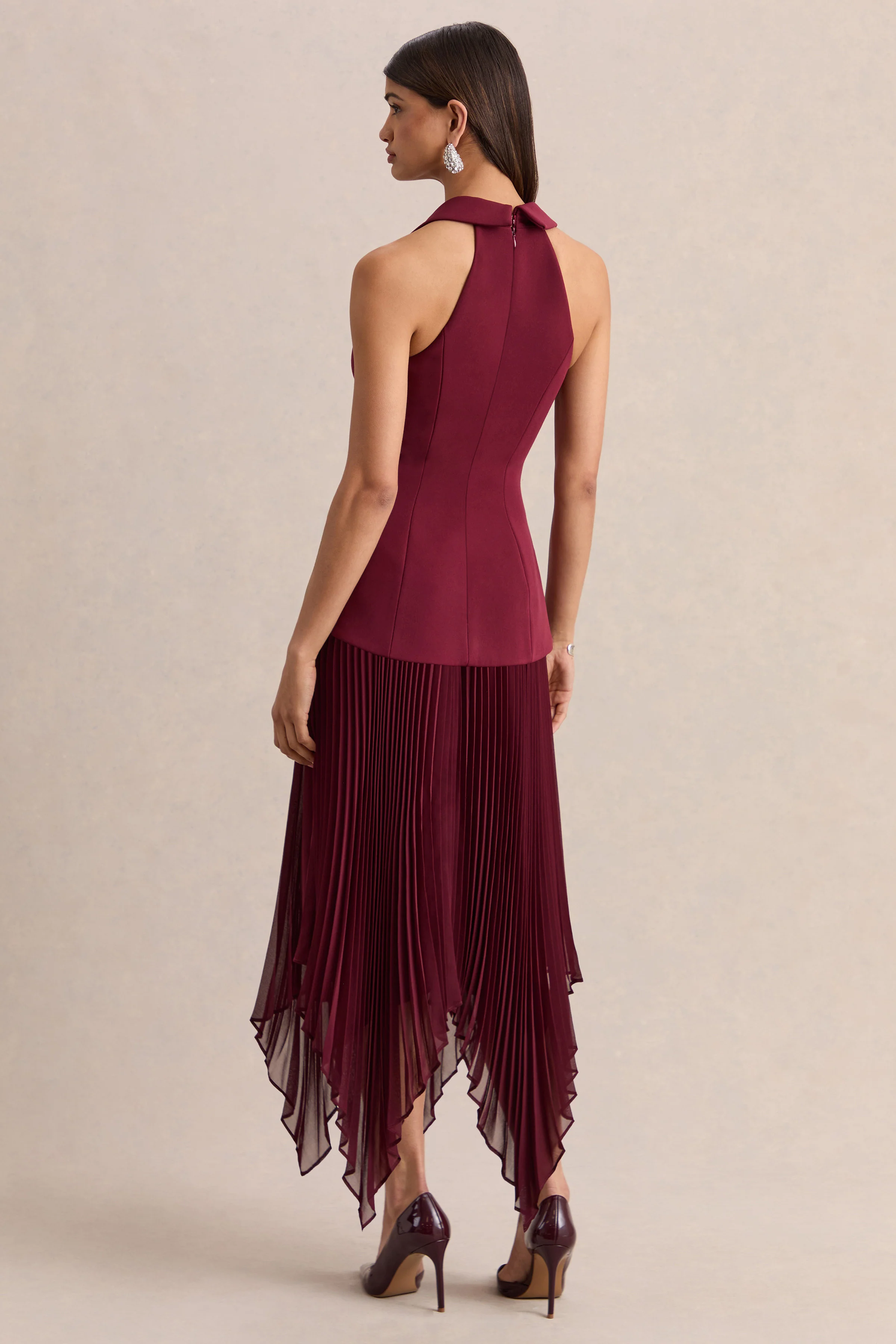 Marvelle | Burgundy Plunge-Neck Maxi Dress With Hanky Hem