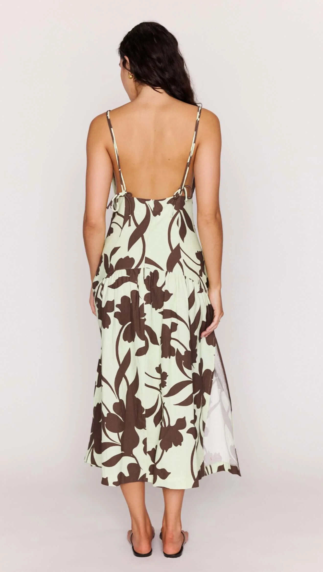 Mint Chocolate Cotton Floral Deep V Midi Dress