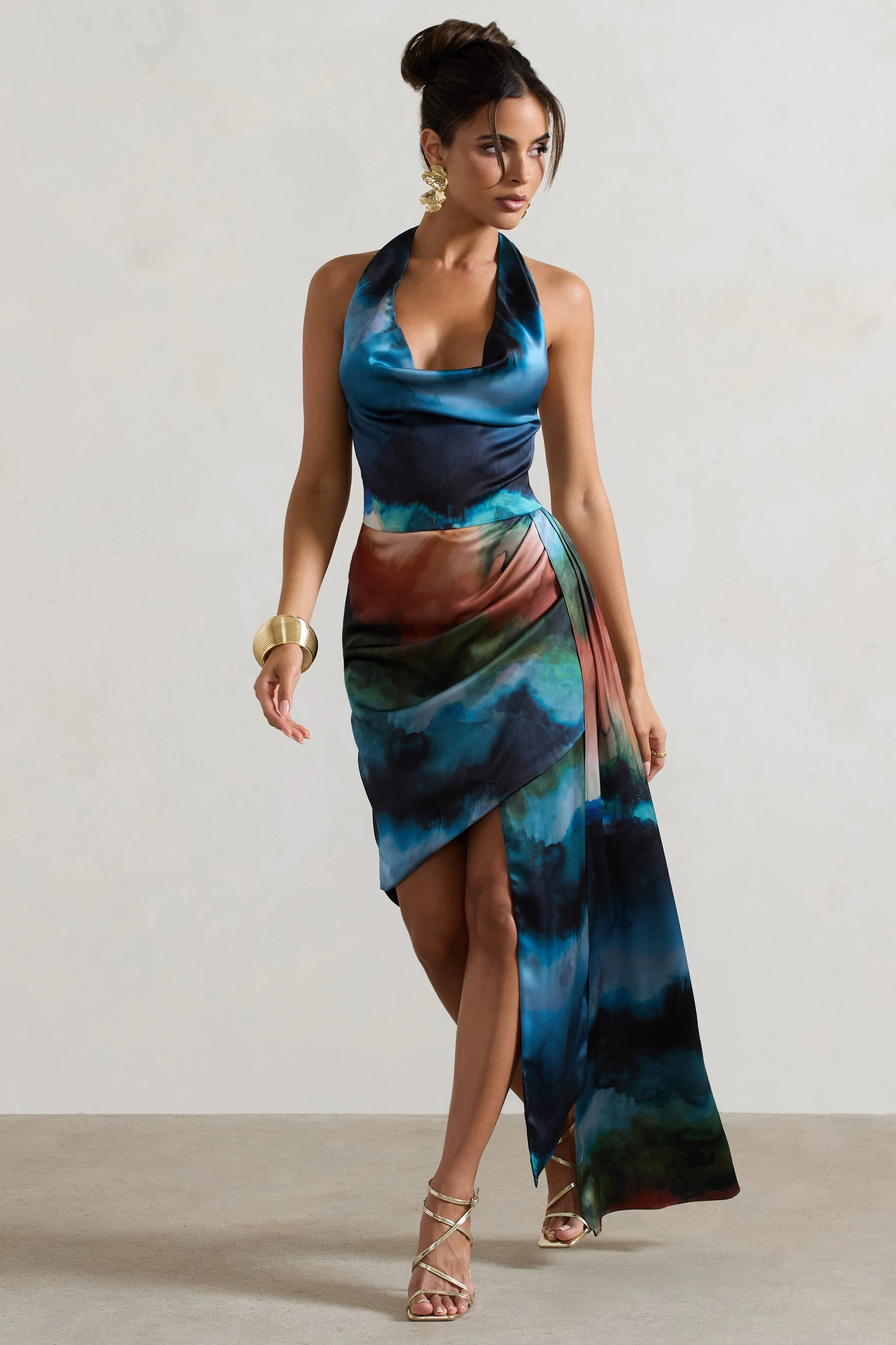 Bali | Blue Blur Print Satin Cowl-Neck Draped Midi Dress
