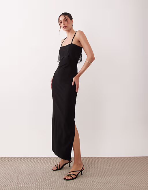 Ellen lace trim cami slip dress in black