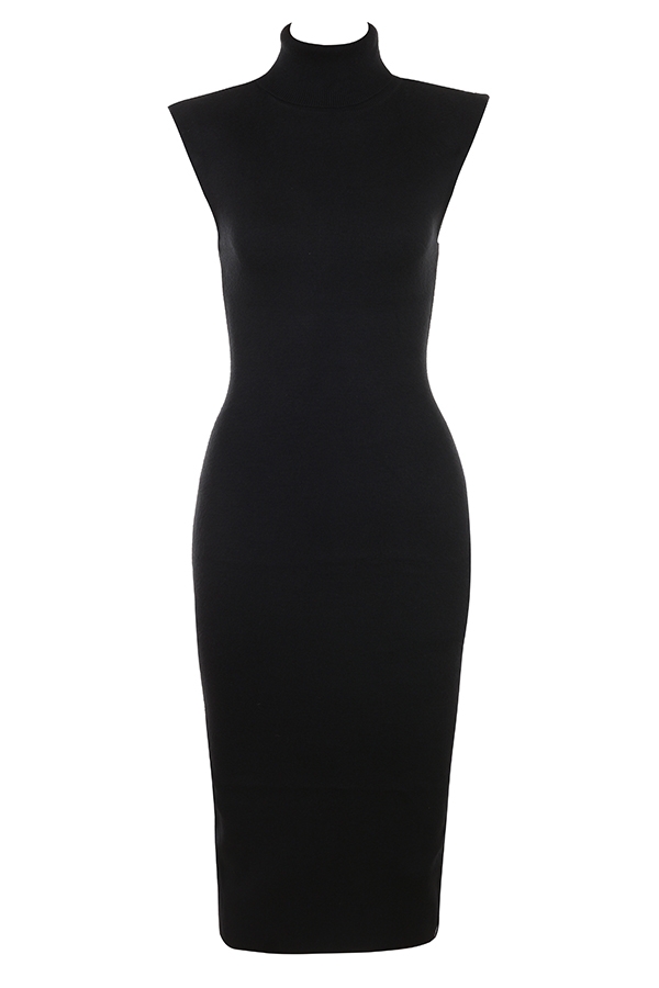 Black Cashmere Blend Turtle Neck Midi Dress