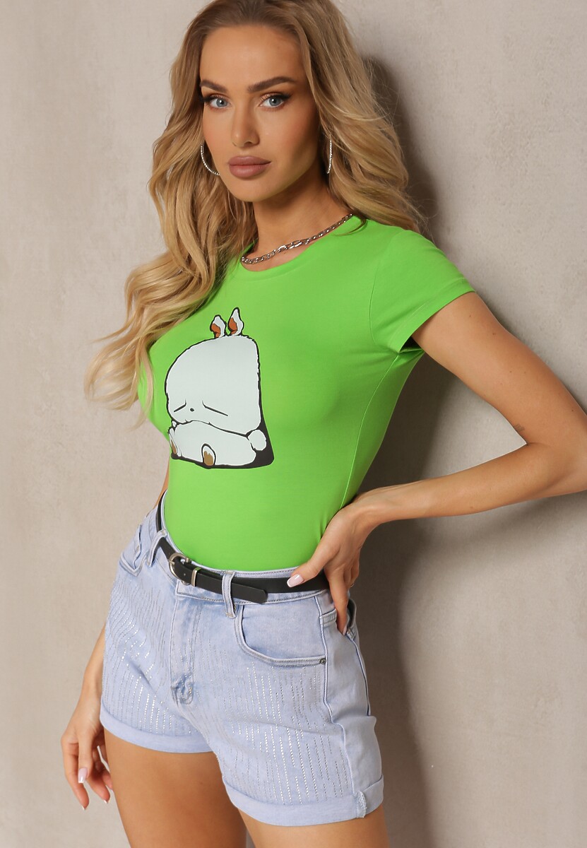 Jasnozielony T-shirt z Bawełny z Ozdobnym Nadrukiem Janesto