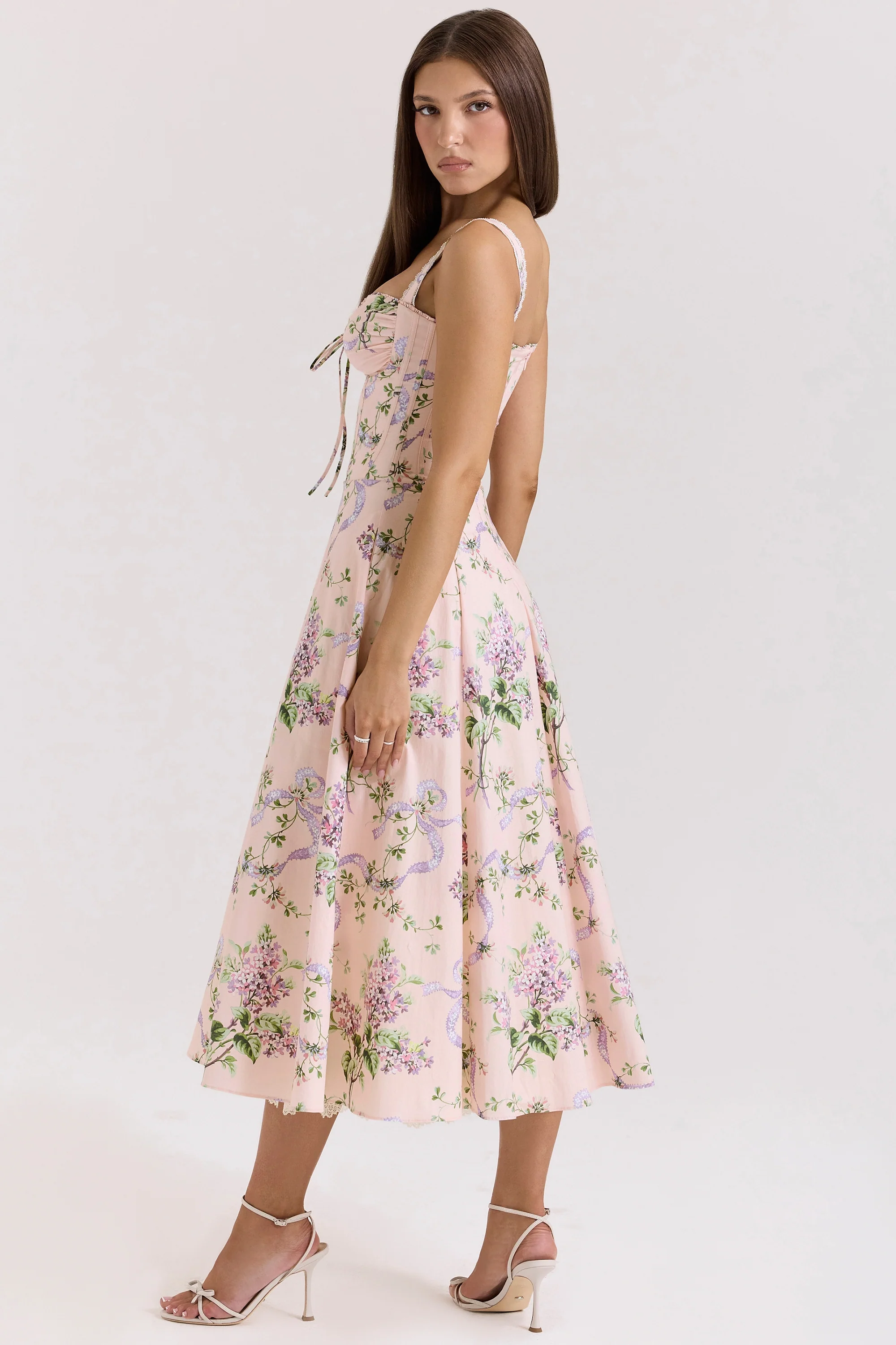 Pink Floral Corset Midi Dress