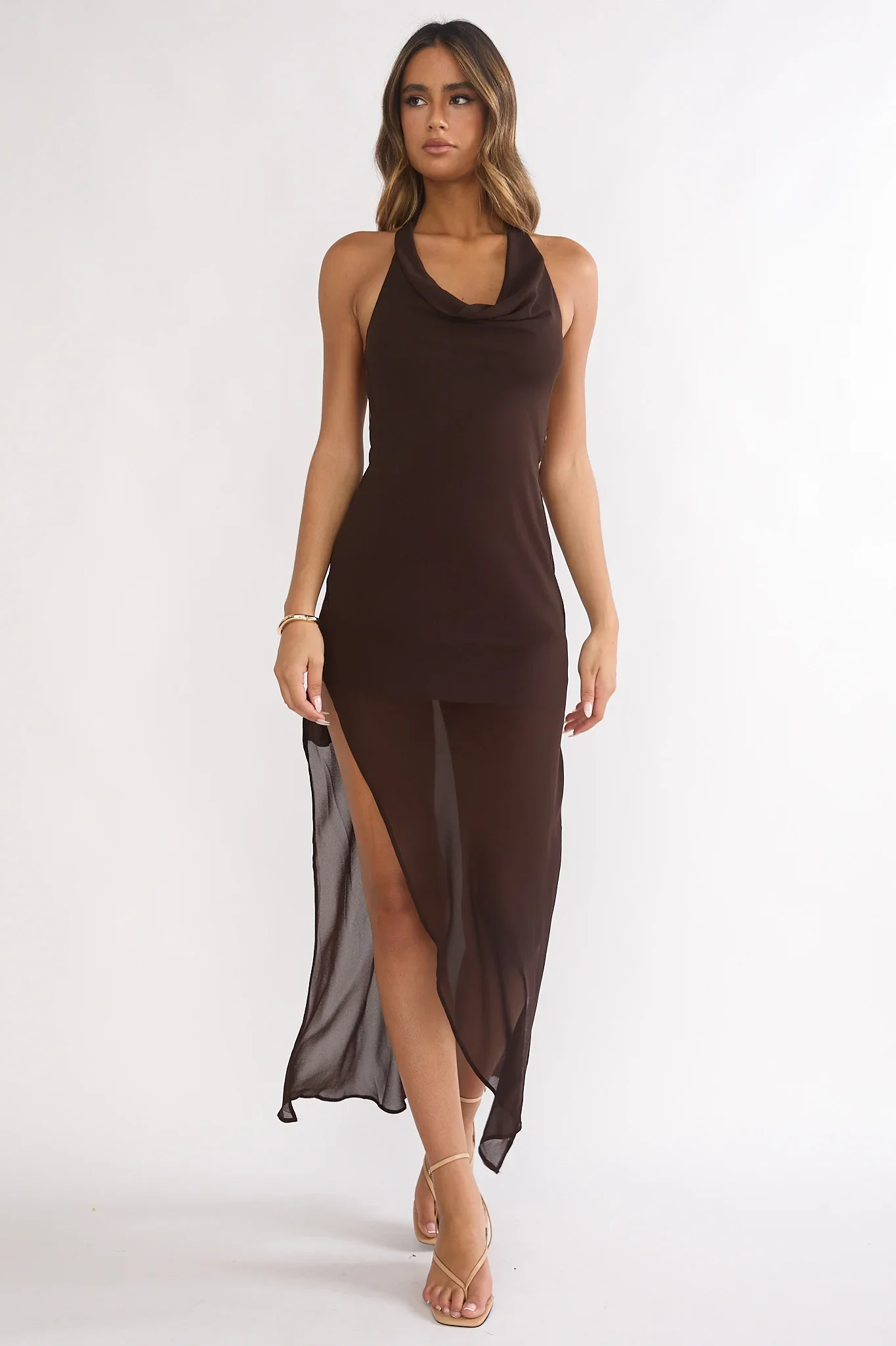 Make It Count Backless Cowl Maxi Dress Chocolate