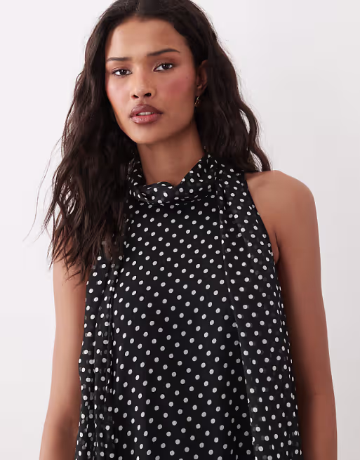 JDY halterneck midi dress in black polka dot print