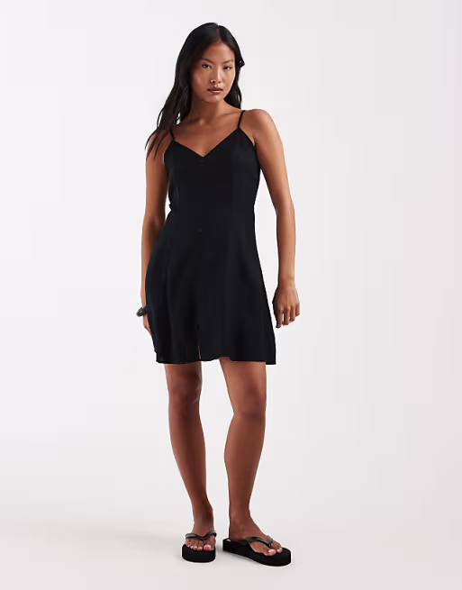 Vero Moda Petite button front cami mini skater dress in black