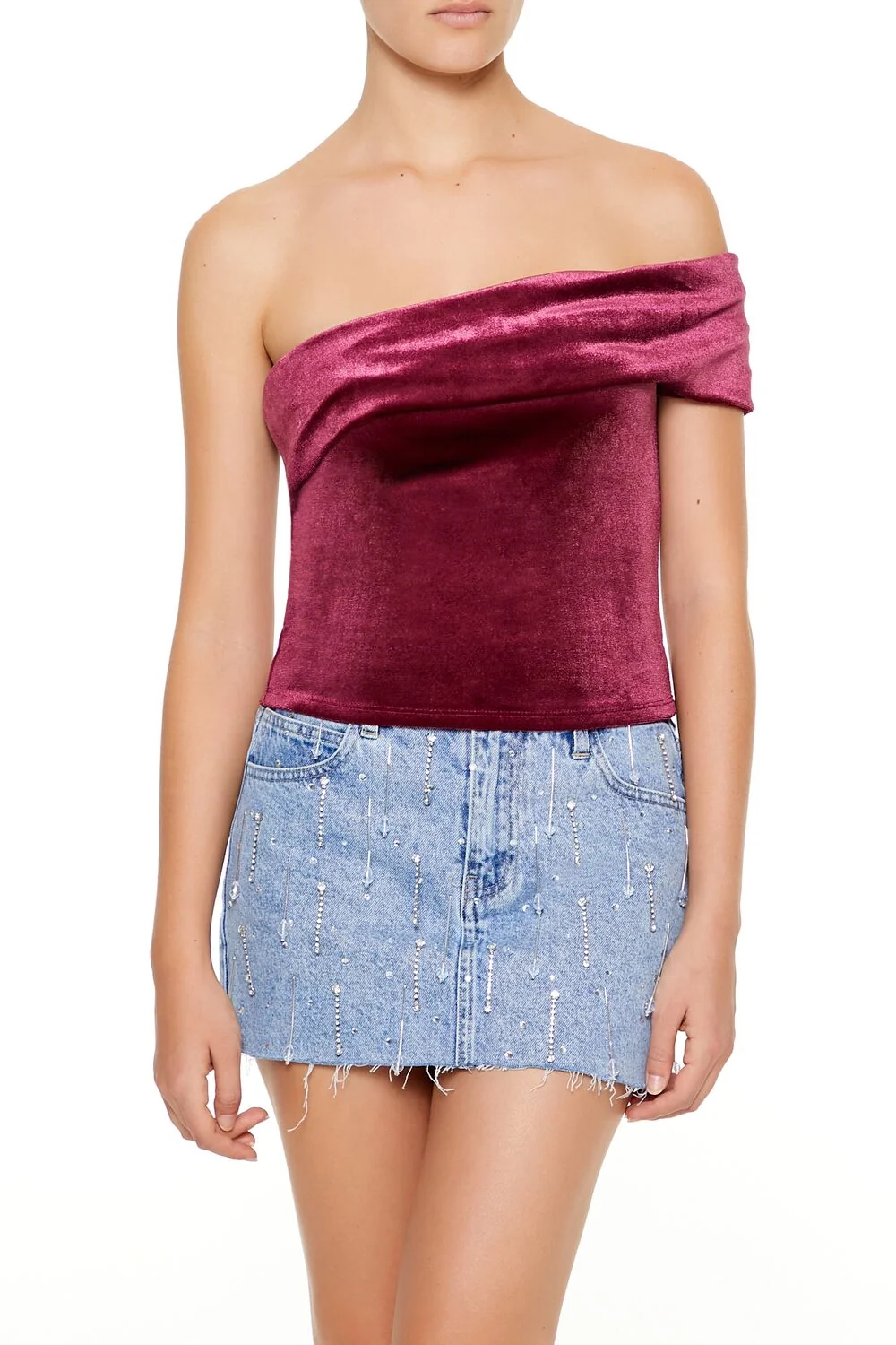 Velvet One-Shoulder Crop Top