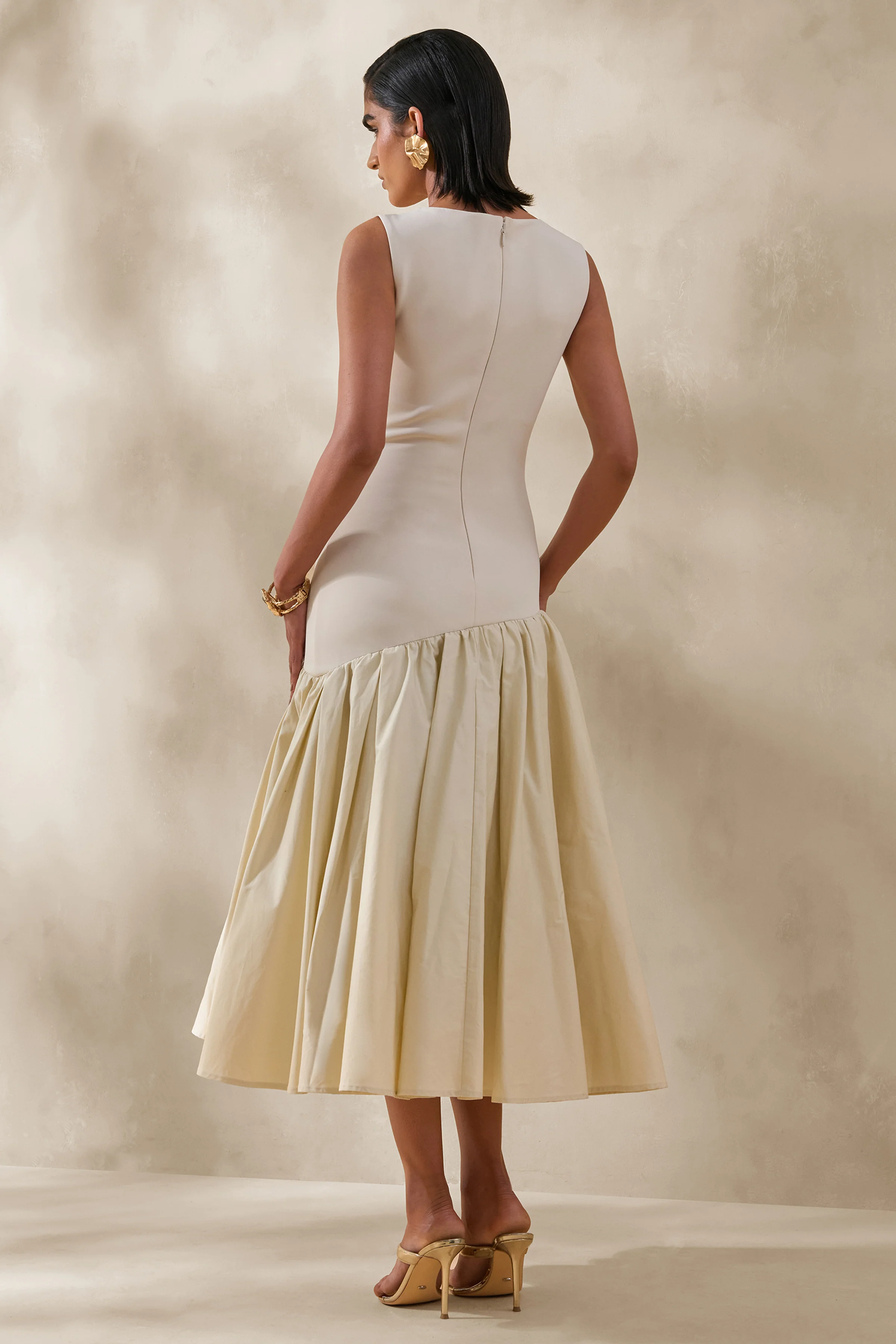 Fantasia | Cream Boat-Neck Midi Dress With Asymmetric Drop-Waist