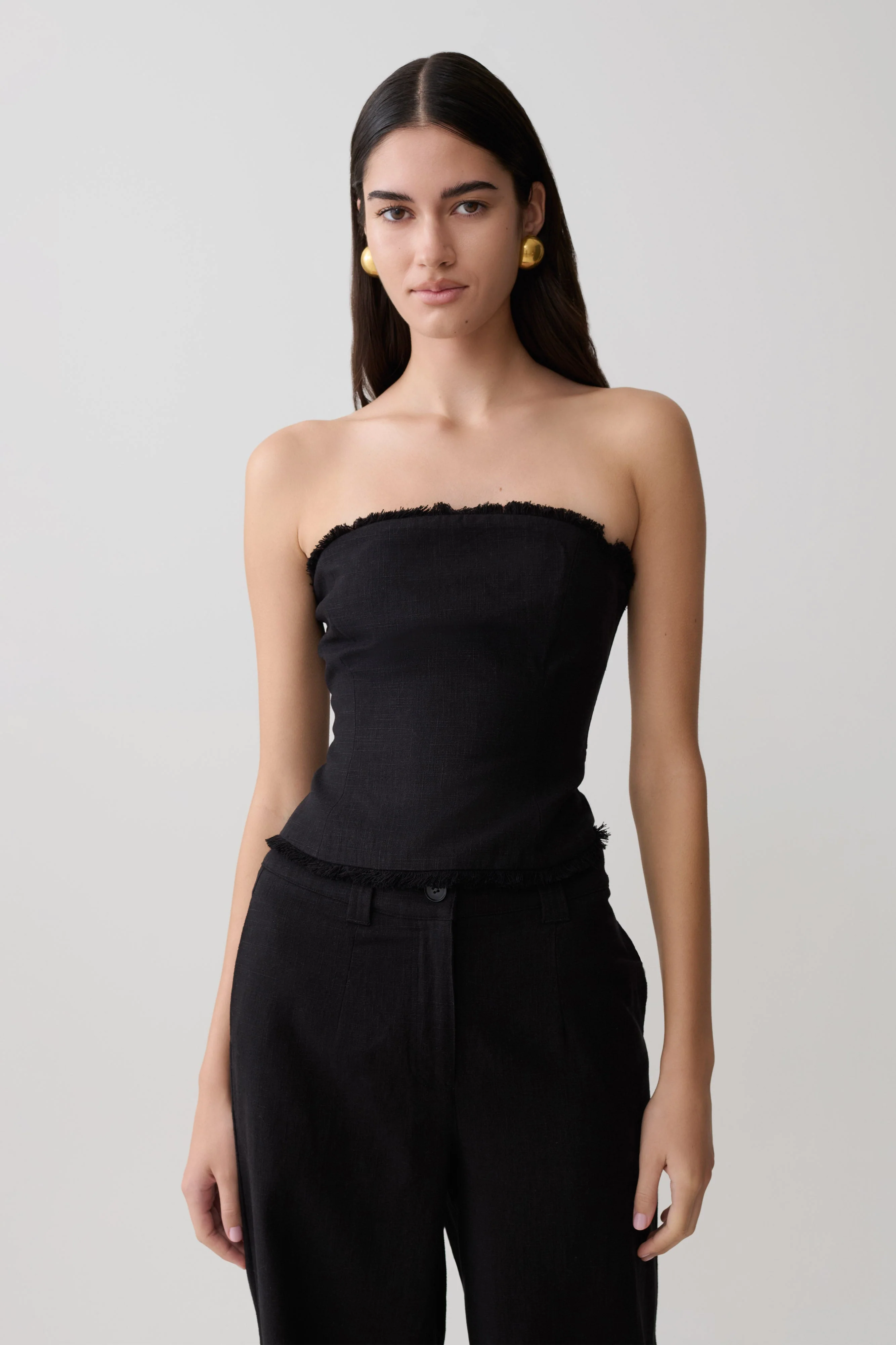 Annie Strapless Tie Back Linen Top - Black