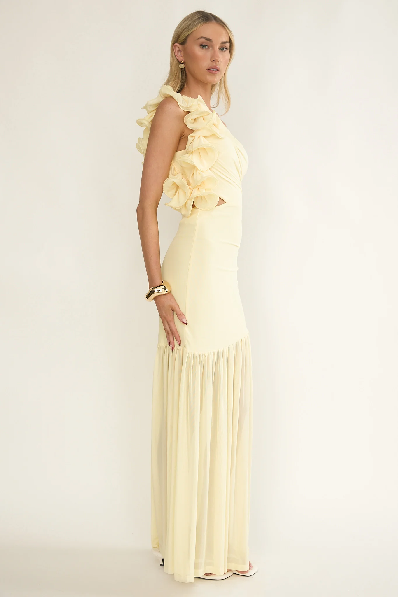 Deanna One-Shoulder Sheer Hem Maxi Dress Yellow