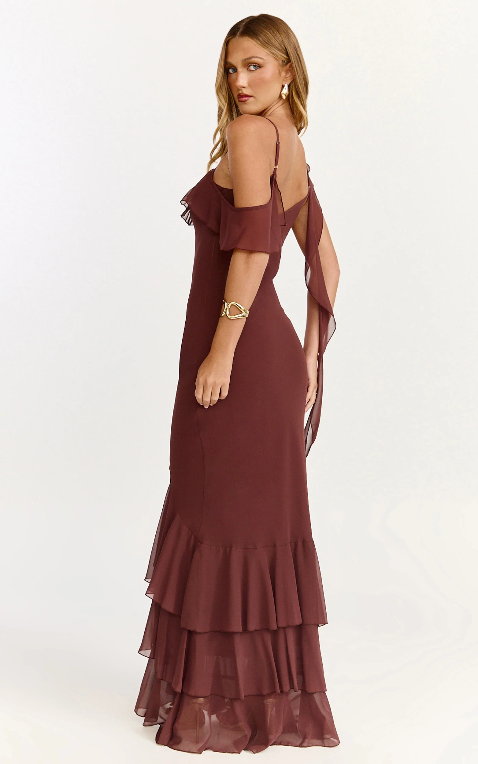 Riley Maxi Dress - Asymmetric Ruffle Detail Maxi Dress in Chocolate