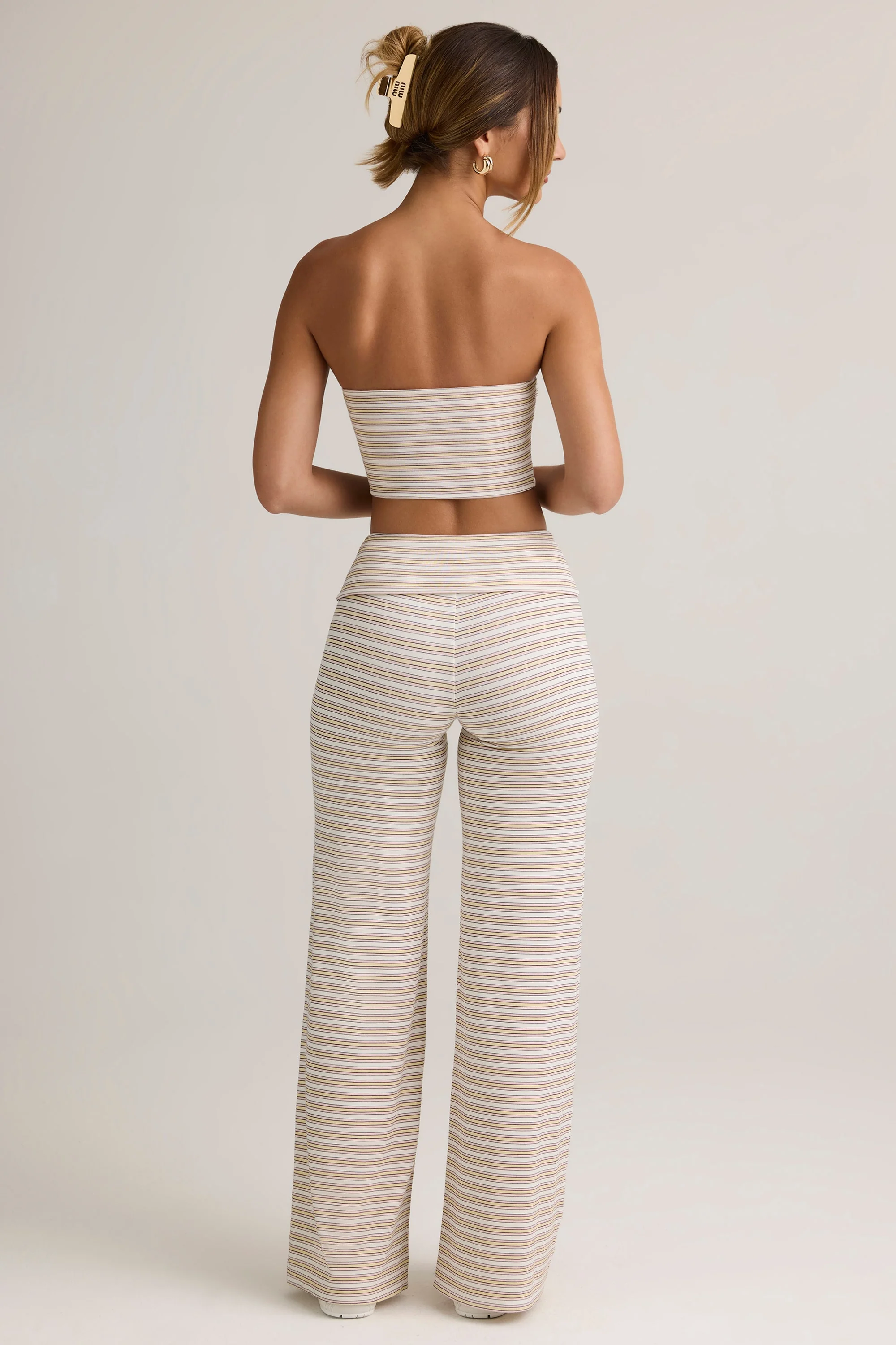 Modal Foldover Wide-Leg Trousers in Pink & Yellow Stripe
