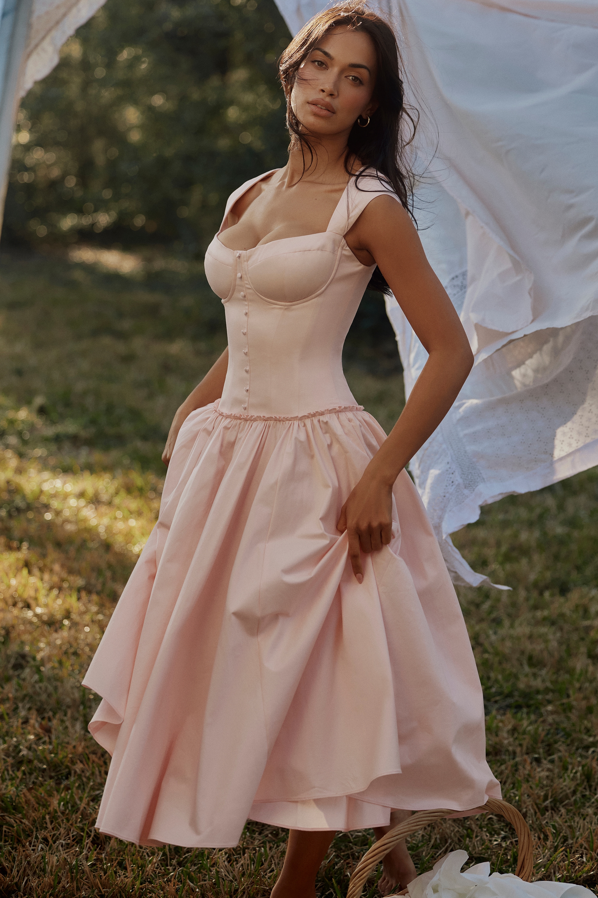 pink cotton cap sleeve midi dress