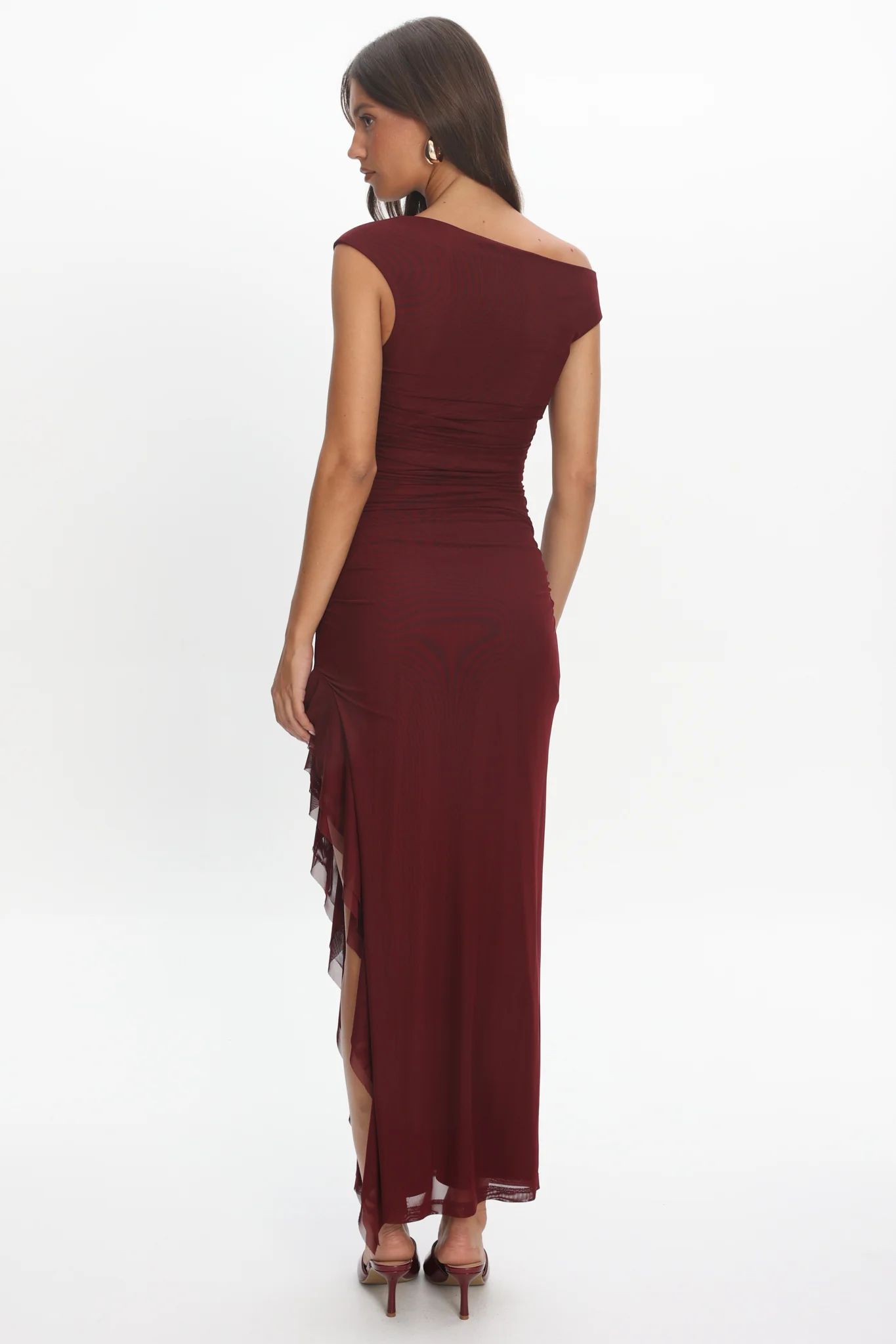 Moonlit Magic Asymmetric Neckline Slit Maxi Dress Wine