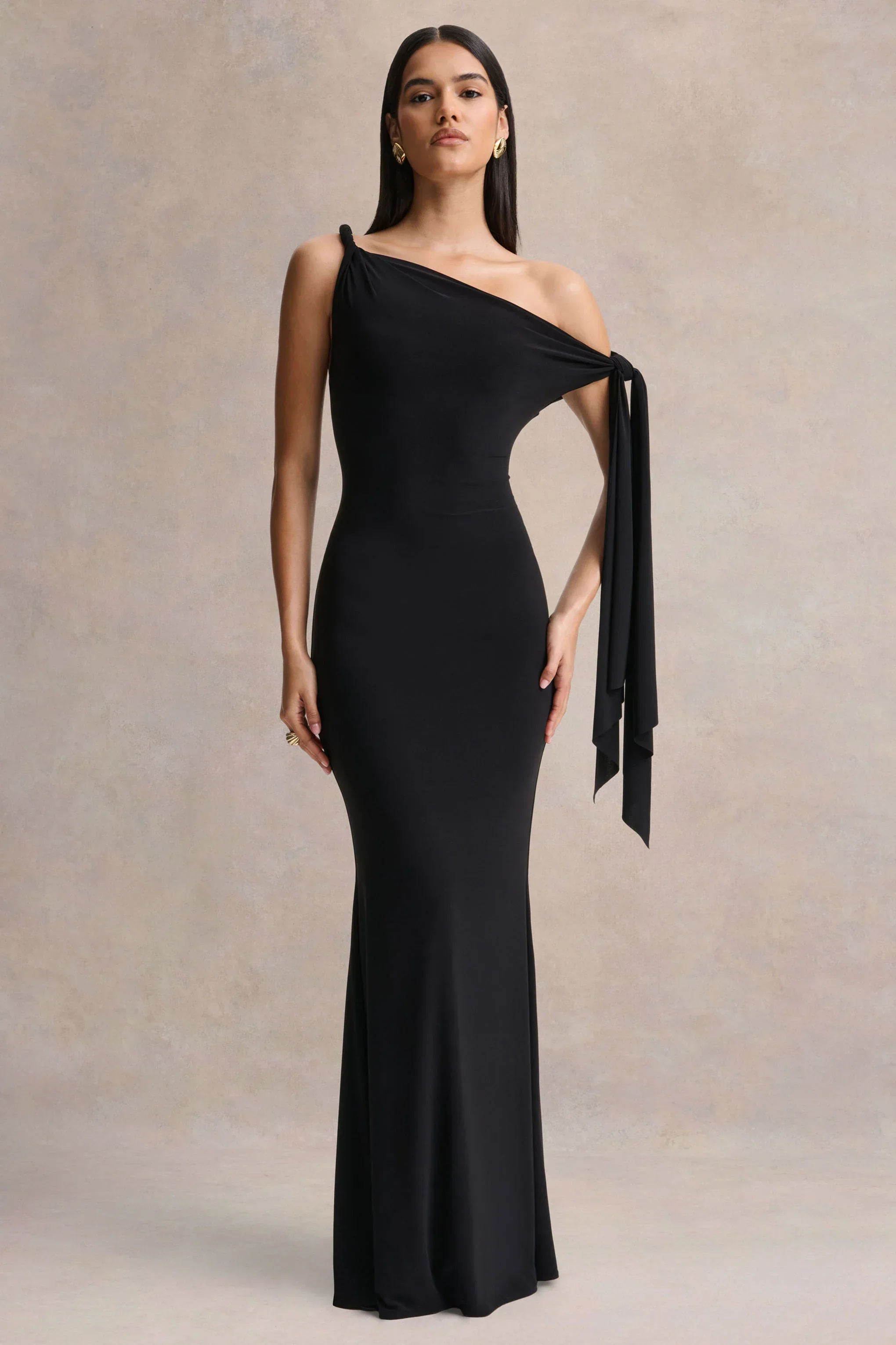 Vista | Black Asymmetric-Neck Maxi Dress With Knot-Sleeve Detail