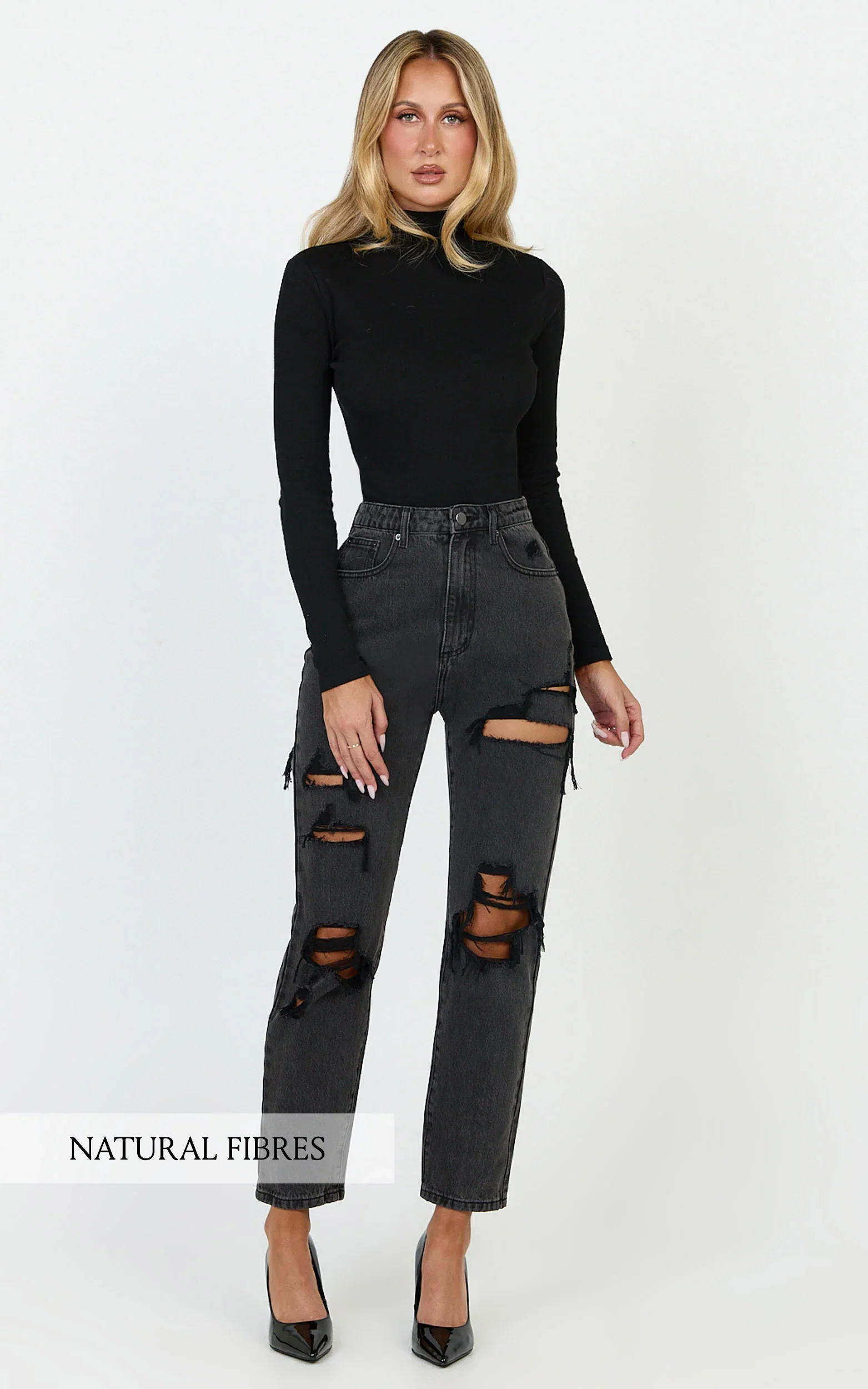 Billie Jeans - High Waisted Cotton Distressed Mom Denim Jeans in Black Wash