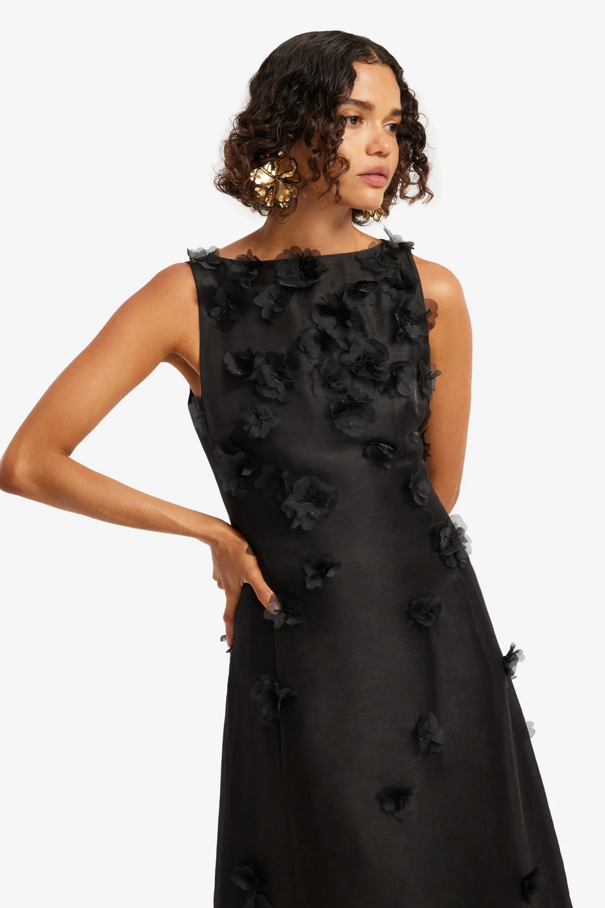 Cleo Petal Sleeveless Midi Dress - Ebony