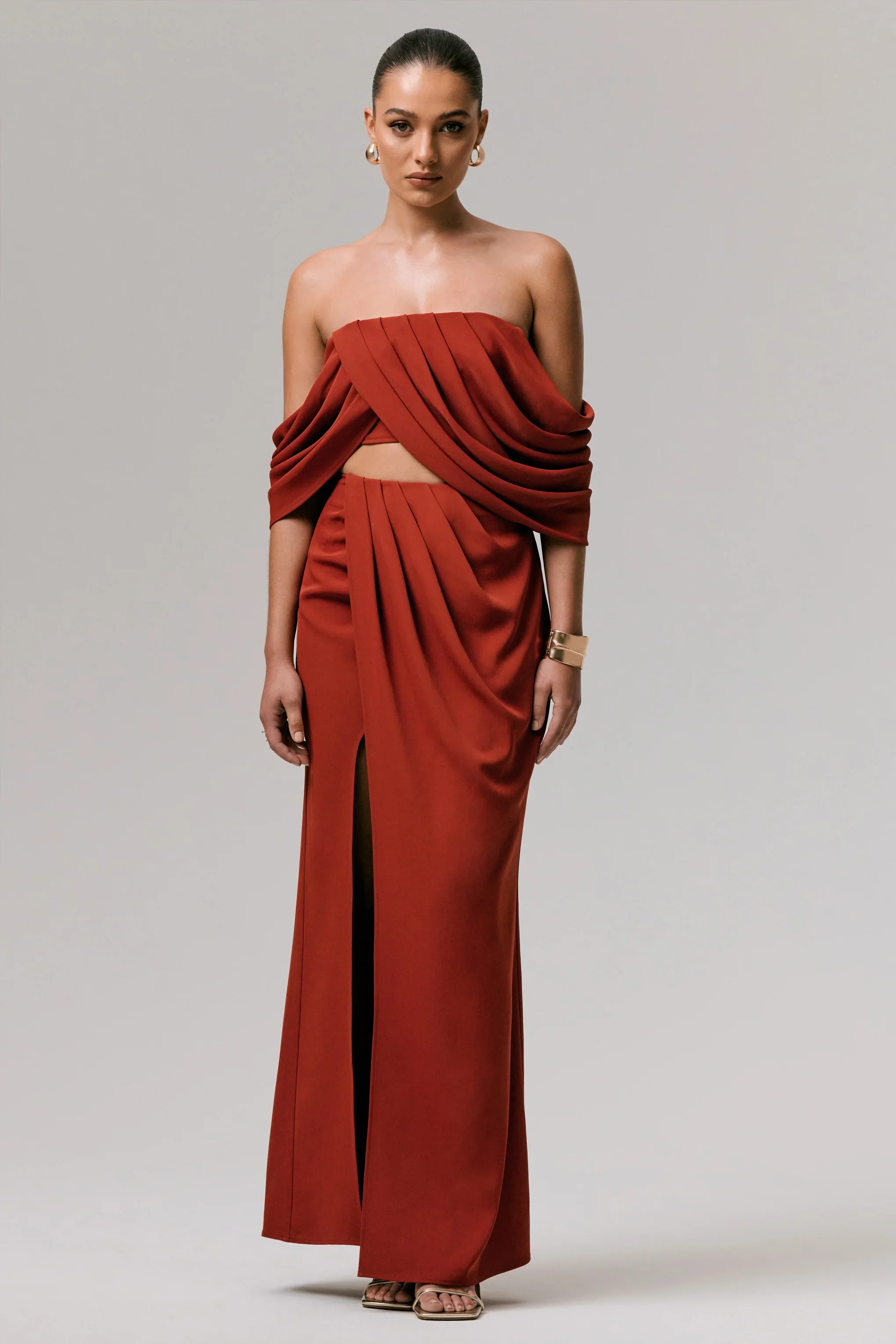 Talika | Terracotta Bardot Crop-Top With Draped Sleeves